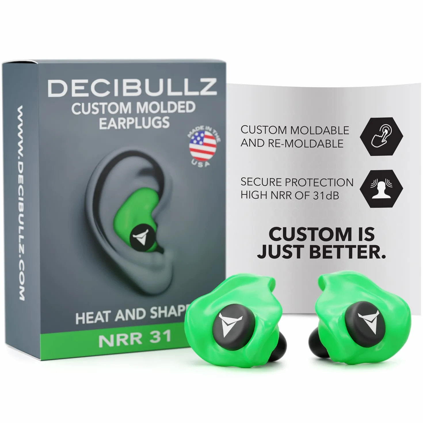 Decibullz Tapones para los oídos moldeados a medida 31 dB protección auditiva para disparos conciertos (verde)