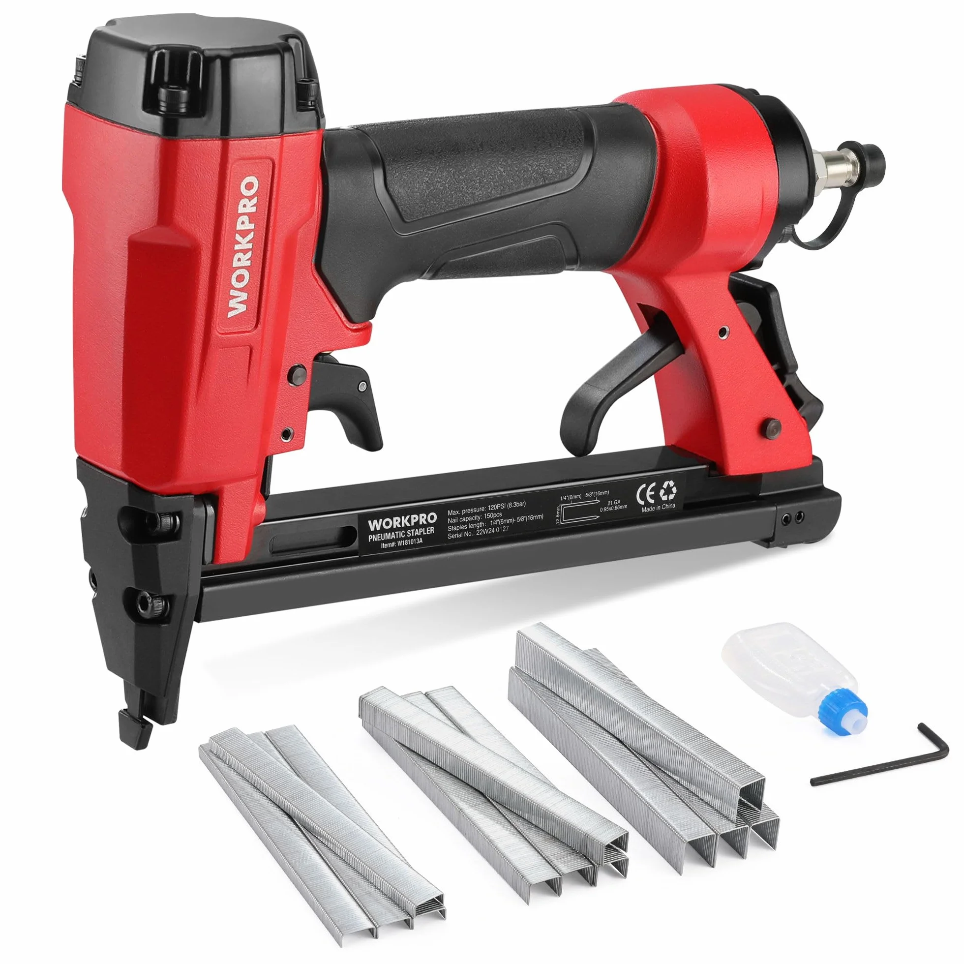 WORKPRO - Grapadora neumática con 1500 grapas, pistola de clavado neumática, utilizada en grapas tipo 80/6-16 mm, ideal para bricolaje, decoración, pared, tapiz, madera