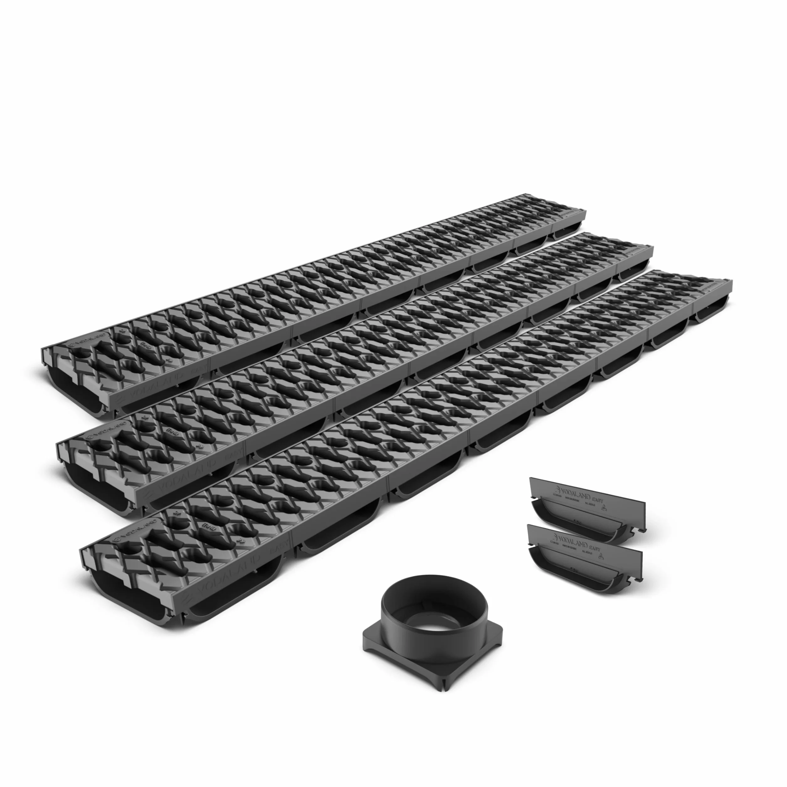 VODALAND EASY LOW – Canaleta de Drenaje con Rejilla de Plástico Negro | Perfil Bajo 40 mm | Clase A15 (hasta 1.500 kg) | Drenaje Discreto en Terrazas, Patios y Espacios Exteriores - Kit de 3 metros