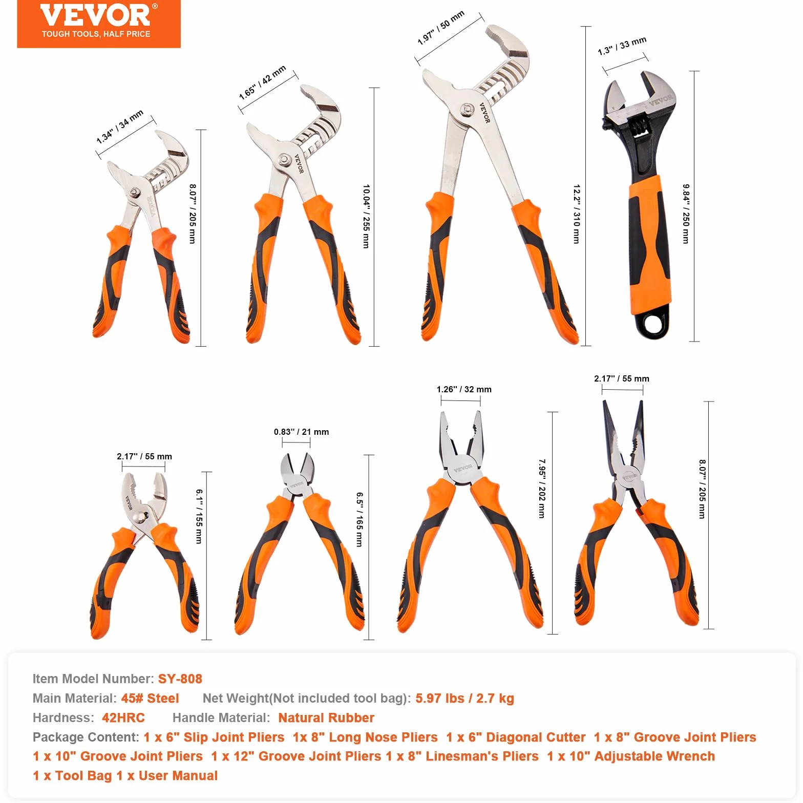 VEVOR 8 PCS Juego de Alicates para Juntas Ranuradas 12"/10"/8"/6" con Alicates de Juntas Deslizantes Alicates de Cuello Largo Alicates de Corte Diagonal Alicates de Ajuste de Líneas Llaves Mecánicas