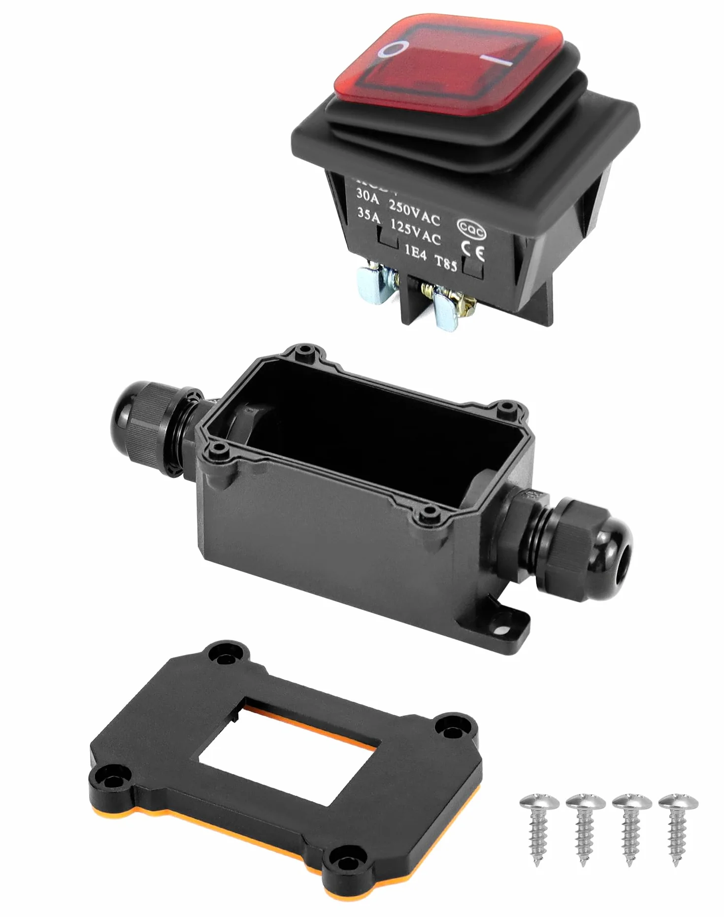 QWORK® Interruptor de cable en línea impermeable IP65 con luz indicadora roja, 220V 30A, DPST de 4 pines, control de encendido/apagado de doble posición
