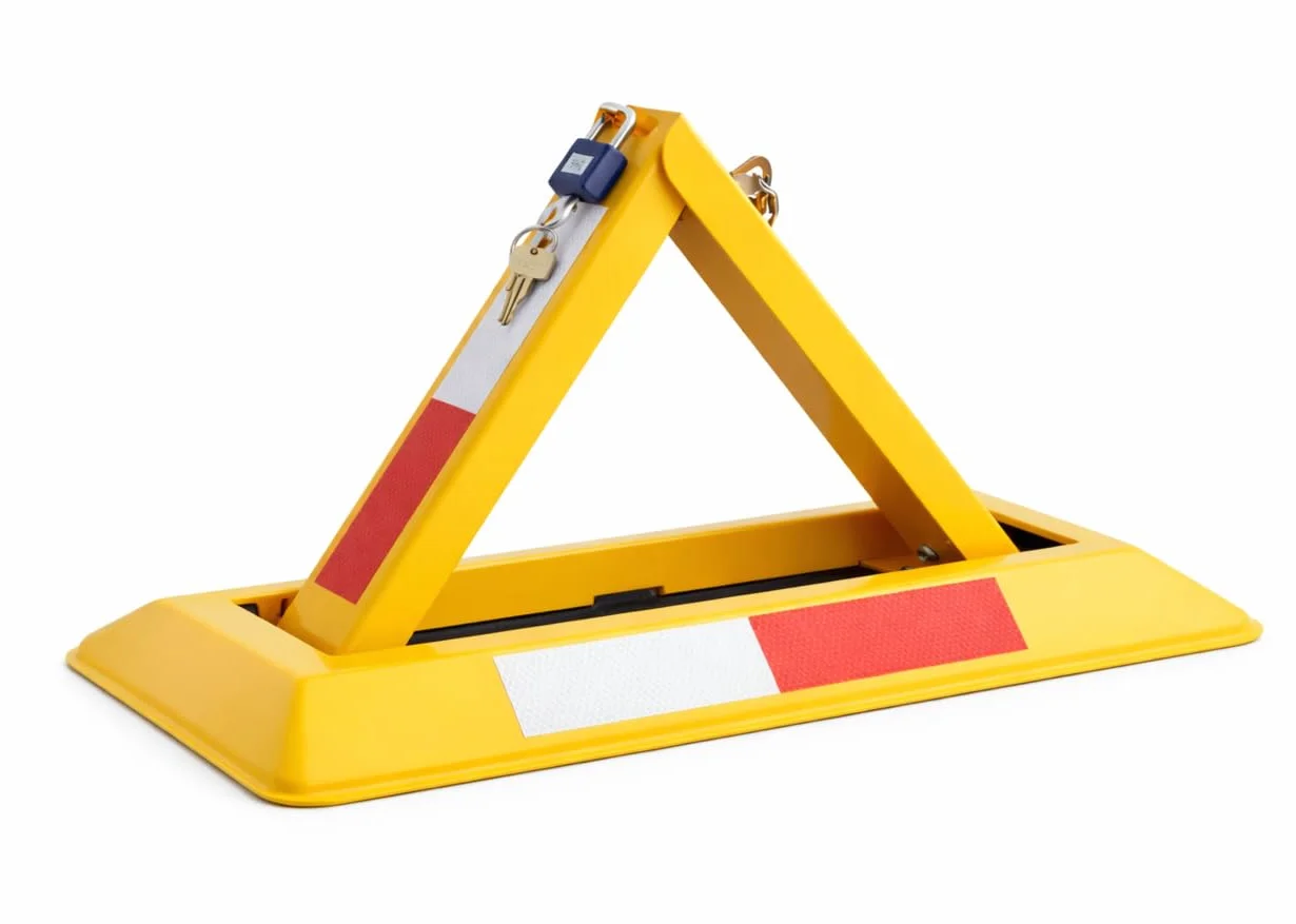 FERPASA® - Barrera de Parking Triangular Termolacada con Cerradura, Porta-candado y Bandas Reflectante - Valla de Aparcamiento Triangular