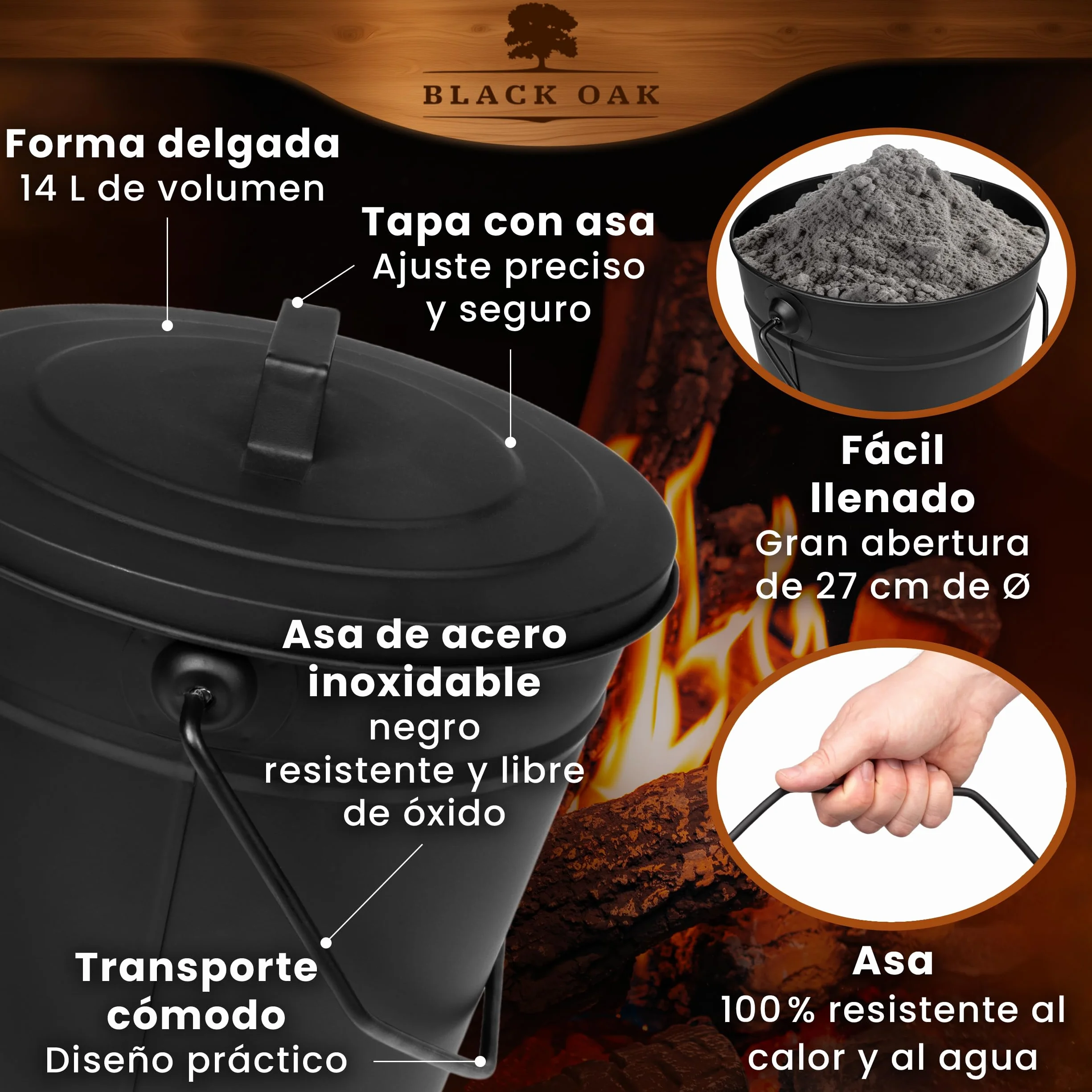 BLACK OAK Cubo de ceniza ETNA 14L – negro con tapa – grande 14 litros – Acero galvanizado y recubierto de polvo para cenizas y carbón, accesorio ideal para chimenea, estufa de azulejos, estufa de leña