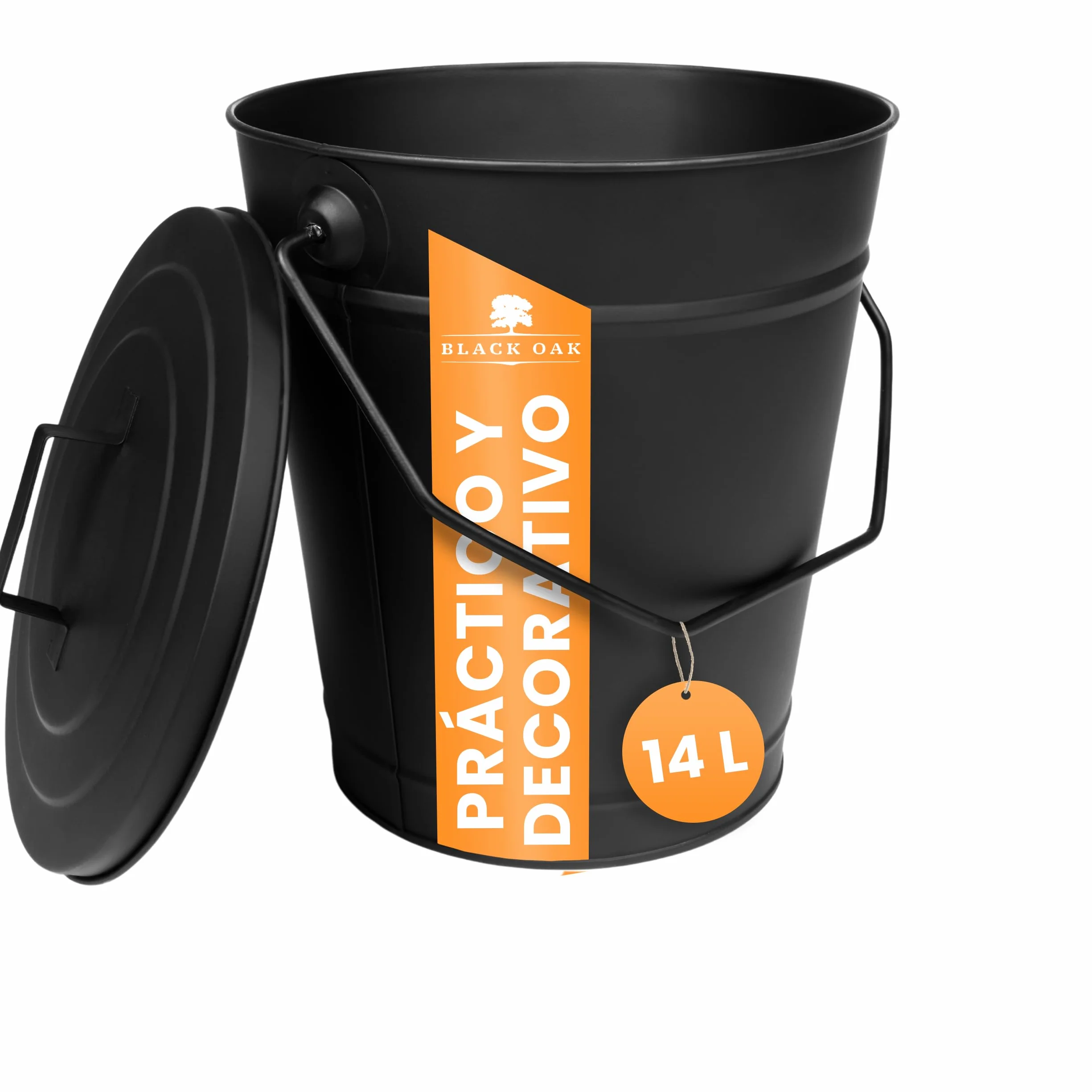BLACK OAK Cubo de ceniza ETNA 14L – negro con tapa – grande 14 litros – Acero galvanizado y recubierto de polvo para cenizas y carbón, accesorio ideal para chimenea, estufa de azulejos, estufa de leña