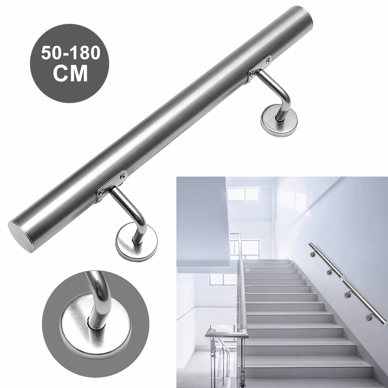 Lospitch Pasamanos de acero inoxidable, pasamanos de pared, para interior y exterior, incluye soporte de pared y tapas finales, 50 cm