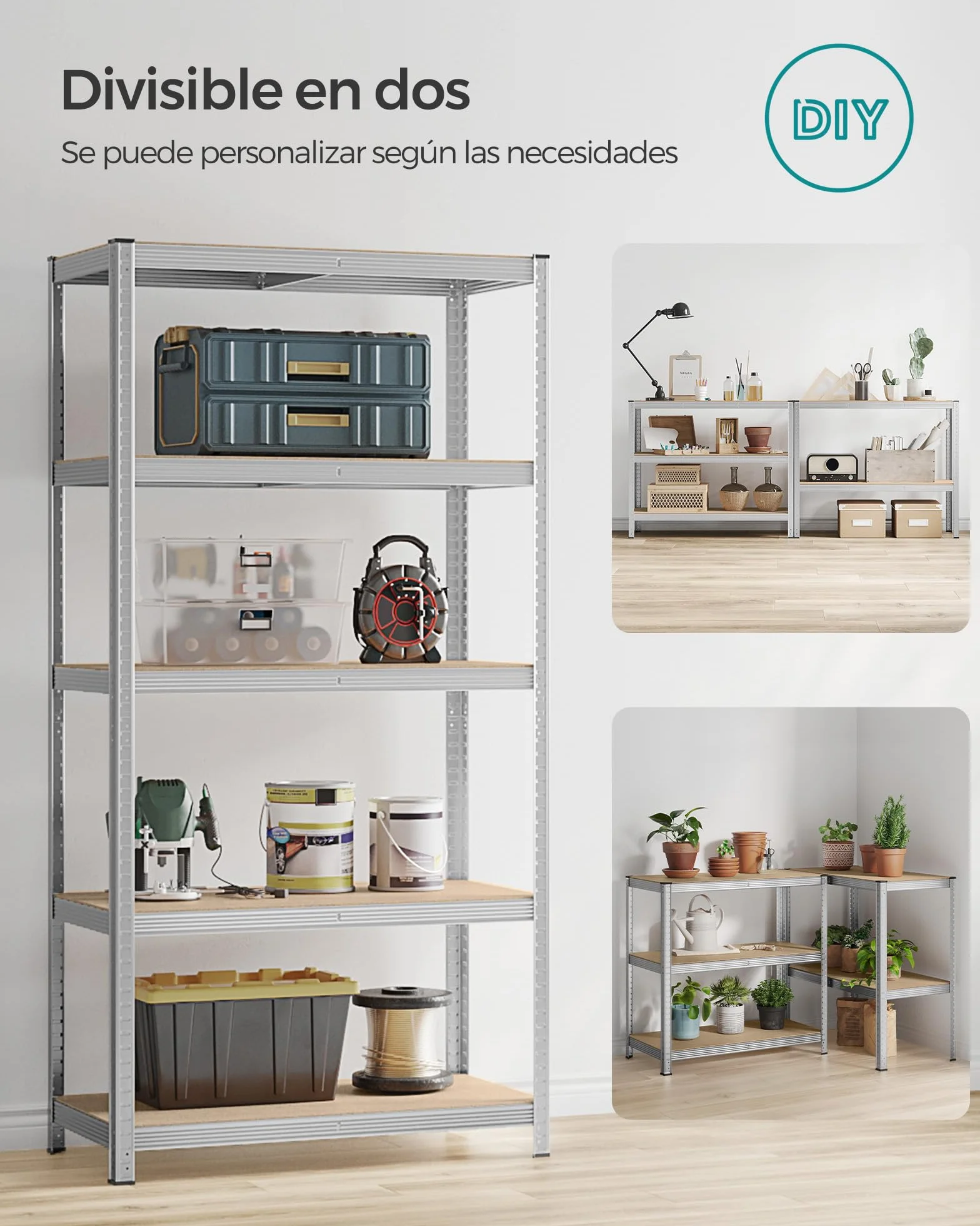 SONGMICS Estantería de 5 Niveles, 200 x 100 x 50 cm, Carga de 875 kg (175 kg por Nivel), Estantería para Cargas Pesadas, Estante Ajustable en Altura, para Garaje, Sótano, Plata GLR050E01
