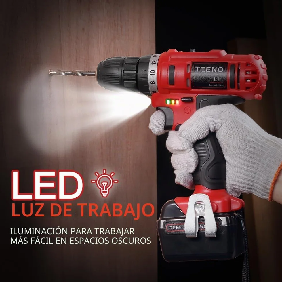 Taladro atornillador inalámbrico TEENO 21V, equipado con 1 batería de 1,5Ah, par de 35Nm, ajuste de 18+1 niveles, 2 velocidades y luz LED, ideal para proyectos de bricolaje.