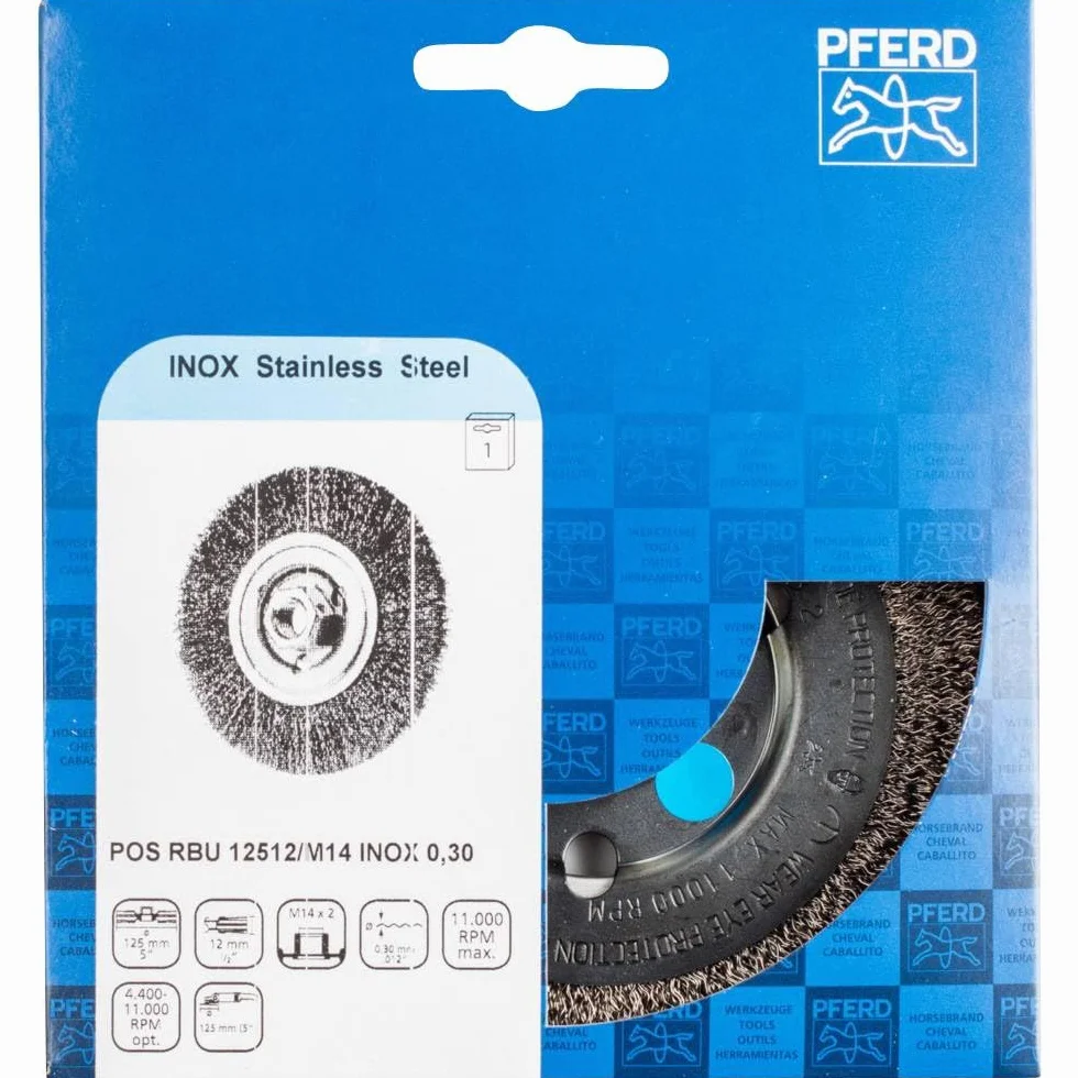 Pferd Cepillo de Alambre Redondo 125 millimeters, Ancho 12 millimeters, Alambre Sin Trenzar Inox 0,30, Rosca M14 x 2, para Uso en Amoladoras Angulares