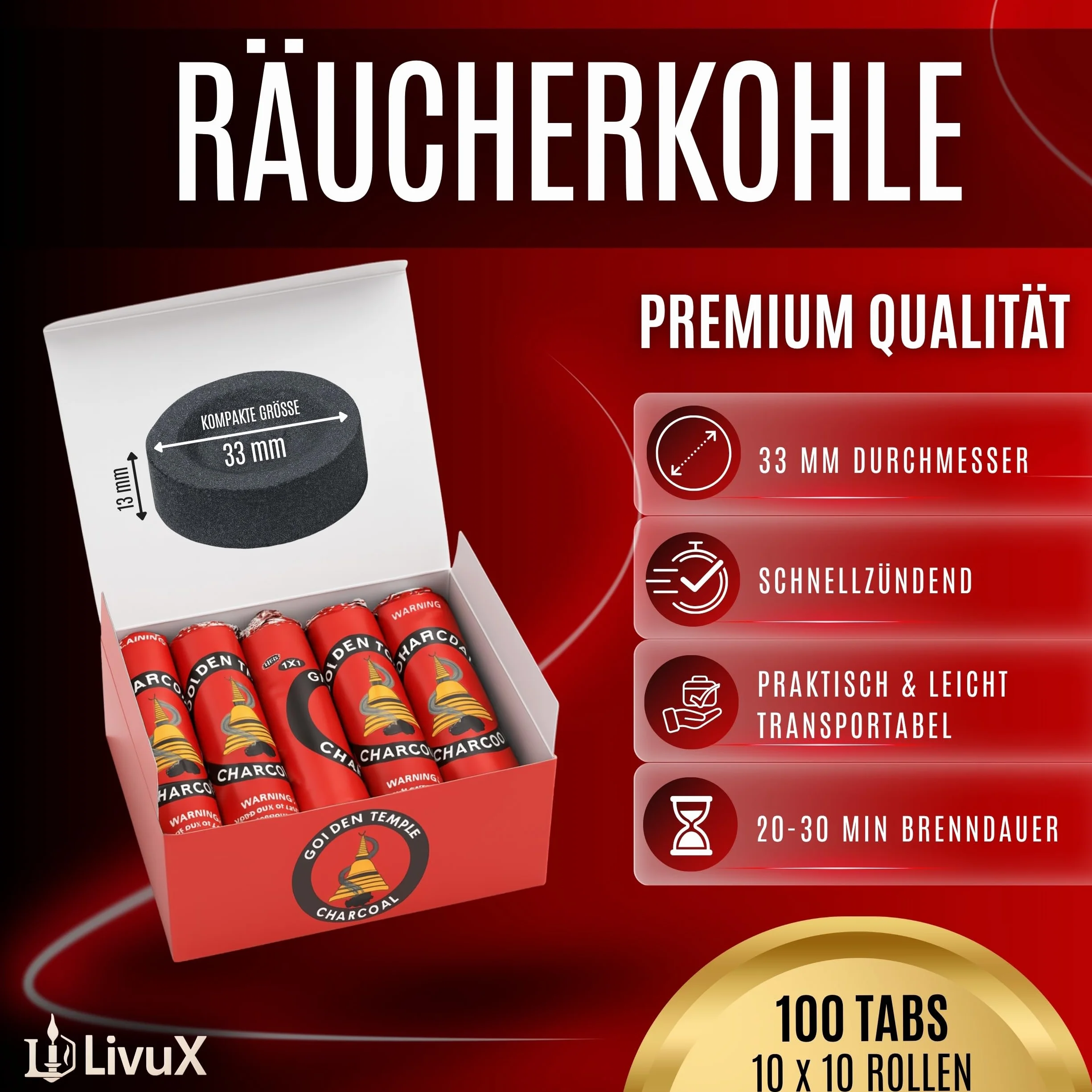 LivuX 100 pastillas de carbón de incienso 33 mm – carbón ahumado de encendido rápido, 10 rollos, ideal para quemar incienso
