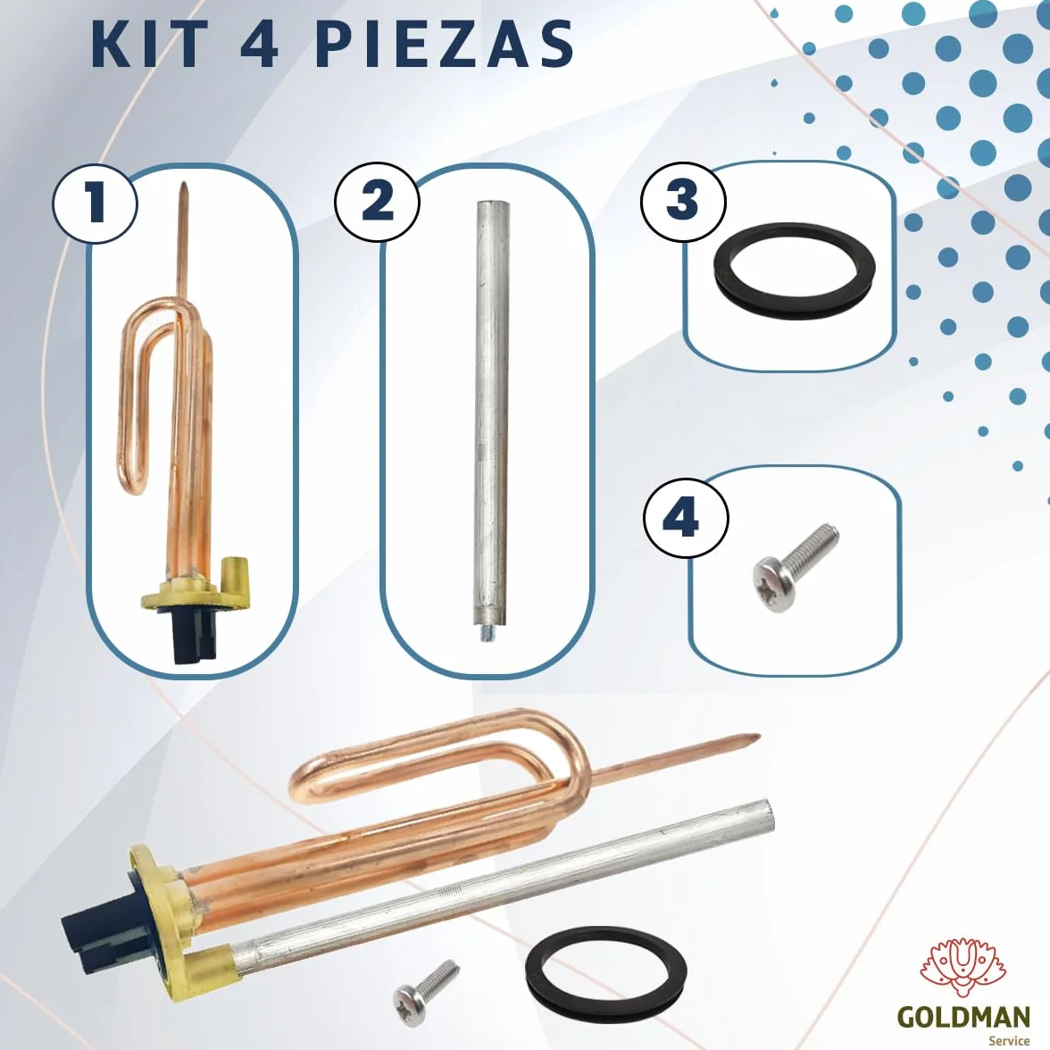 GOLDMAN SERVICE Kit de Recambio Calentador de Agua Eléctrico: Resistencia Curva, Ánodo de Magnesio, Junta de Goma y Tornillo de Fijación. Compatible con Termos Eléctricos de Grandes Marcas (2000 W)