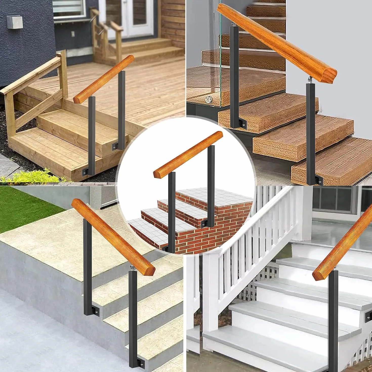 Woodenfor - Barandilla de escalera para exteriores, 1 3 peldaños con 2 piquetes de hierro forjado para escalones seguros (tamaño: 80 cm, color: 90 cm de altura)