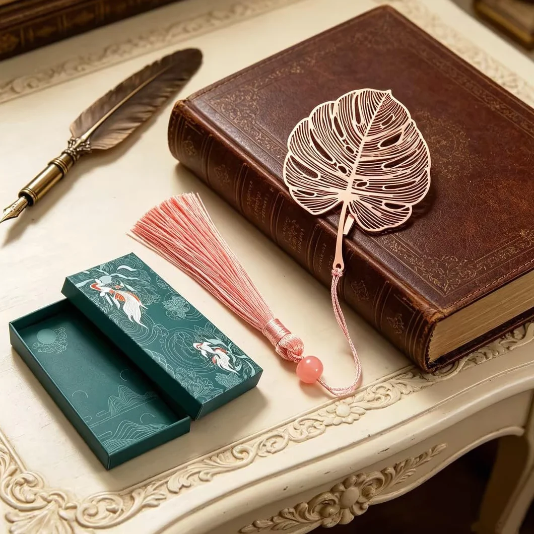 Marcapáginas de Metal Monstera en Caja de Regalo, Elegante con Borla para Mujeres Mamá Abuela (Oro Rosa)