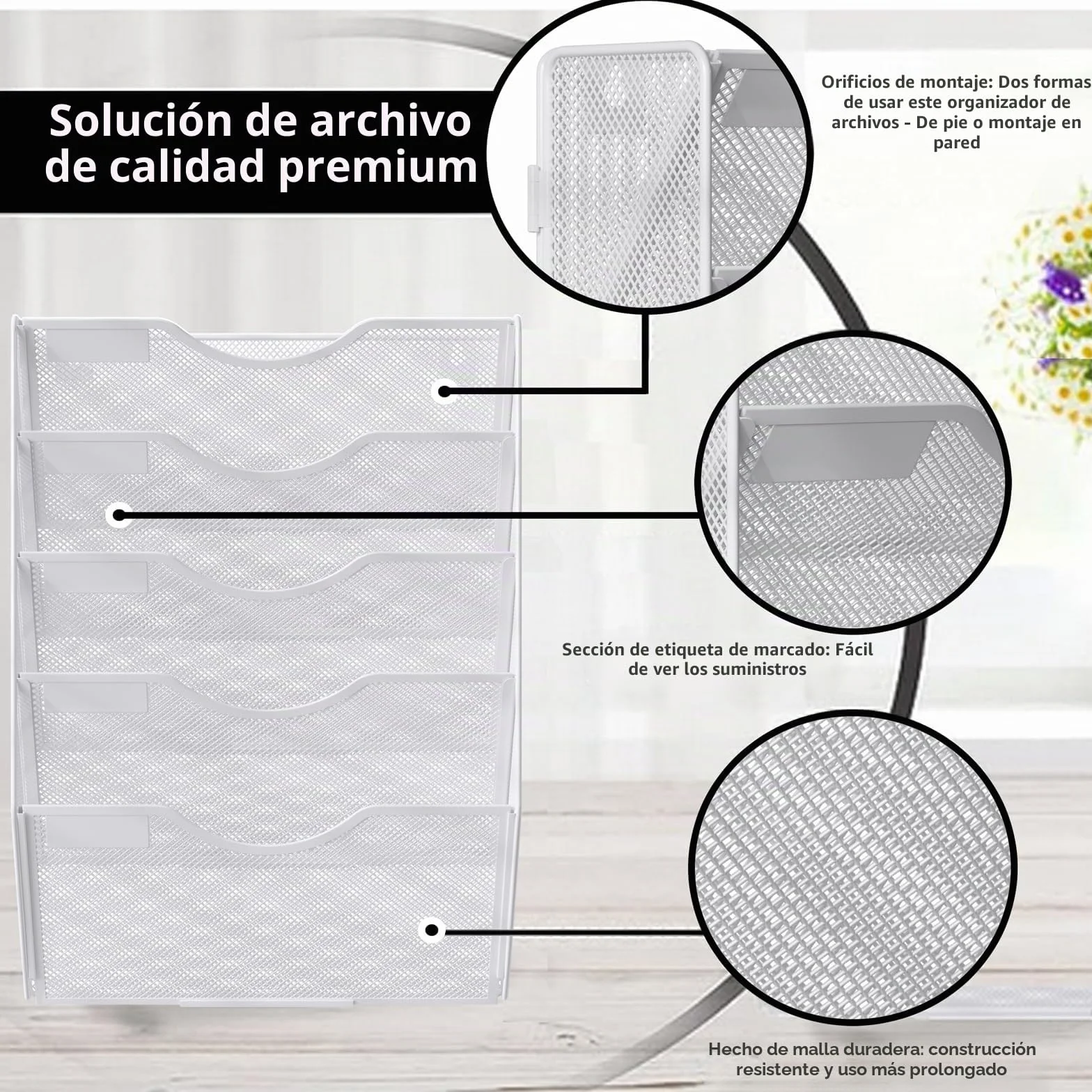 TQVAI Revistero Pared Malla Metálica 5 Compartimentos Organizador Documentos A4 Colgante Blanco