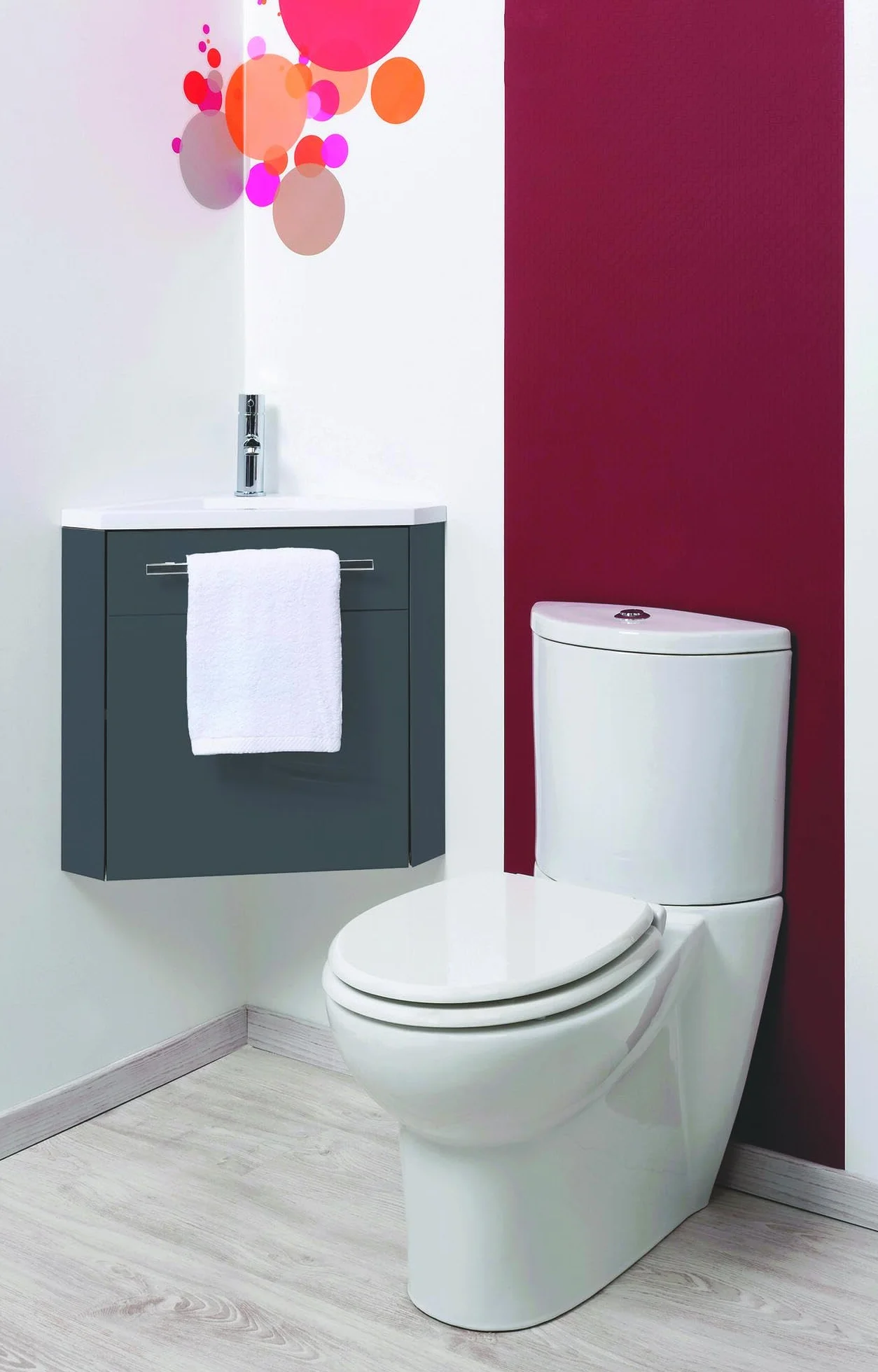 ONDÉE - Mueble de Lavabo Suspendido Colección Nino - Mueble de Esquina Compacto - Variedad de Colores - 1 Puerta - Cierre Suave - Instalación Reversible - Ancho 53cm - Acabado Lacado Gris