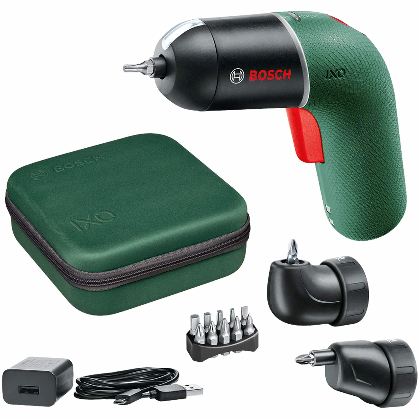 Bosch atornillador a batería IXO Set (6.ª generación, verde, con adaptadores angular y excéntrico IXO, CONTROL DE VELOCIDAD variable, recargable con cable micro-USB, en maletín blando)