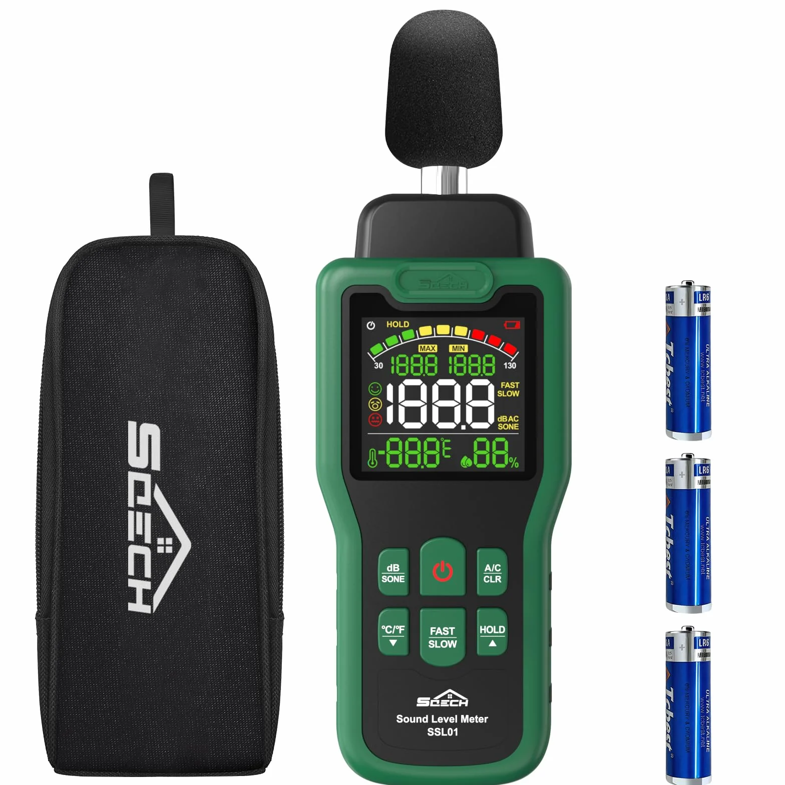 Sonometro Medidor de Decibelios SQECH 30-130dB, Ponderation A/C, dB/SONE, Pantalla Retroiluminada Color