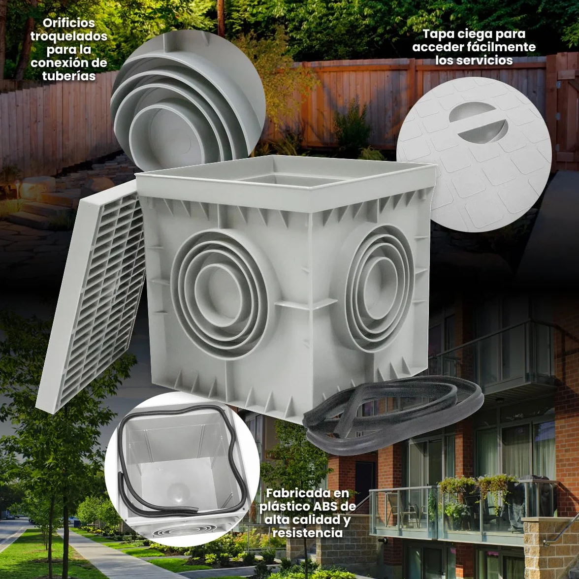 Pack 4 Arqueta Estanca de Suelo Electrica Gris Cuadrada con Tapa Ciega IP54 Arqueta de Riego y Electricidad Arqueta de PVC para Jardin, Drenaje Riego, Instalaciones Eléctricas Tuberías 200x200mm