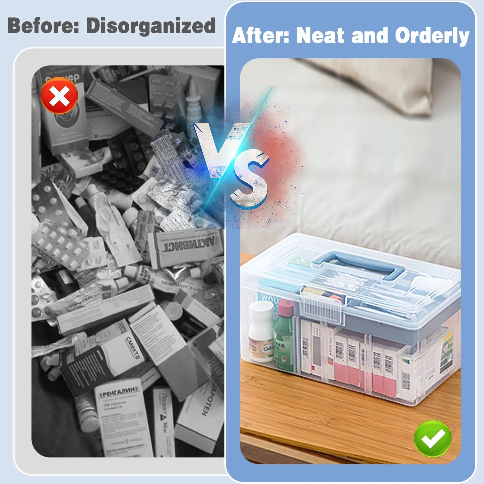 Organizador de Medicamentos Plástico 2 Capas con Asa 29.5 x 16 x 14.5 cm Transparente
