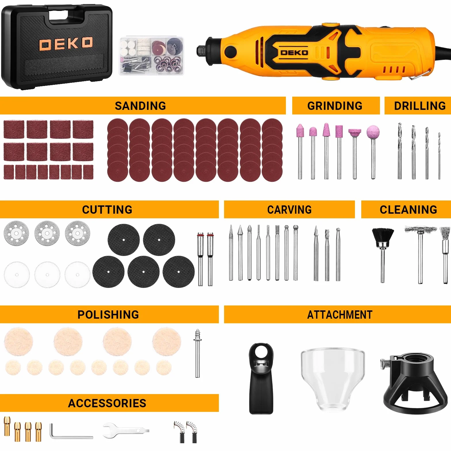 Mini amoladora rotativa multiusos: DEKOPRO 170 W, kit de accesorios 127, velocidad variable 8000-35000 rpm - Herramienta multiusos para cortar, taladrar, pulir, limpiar, Amarillo