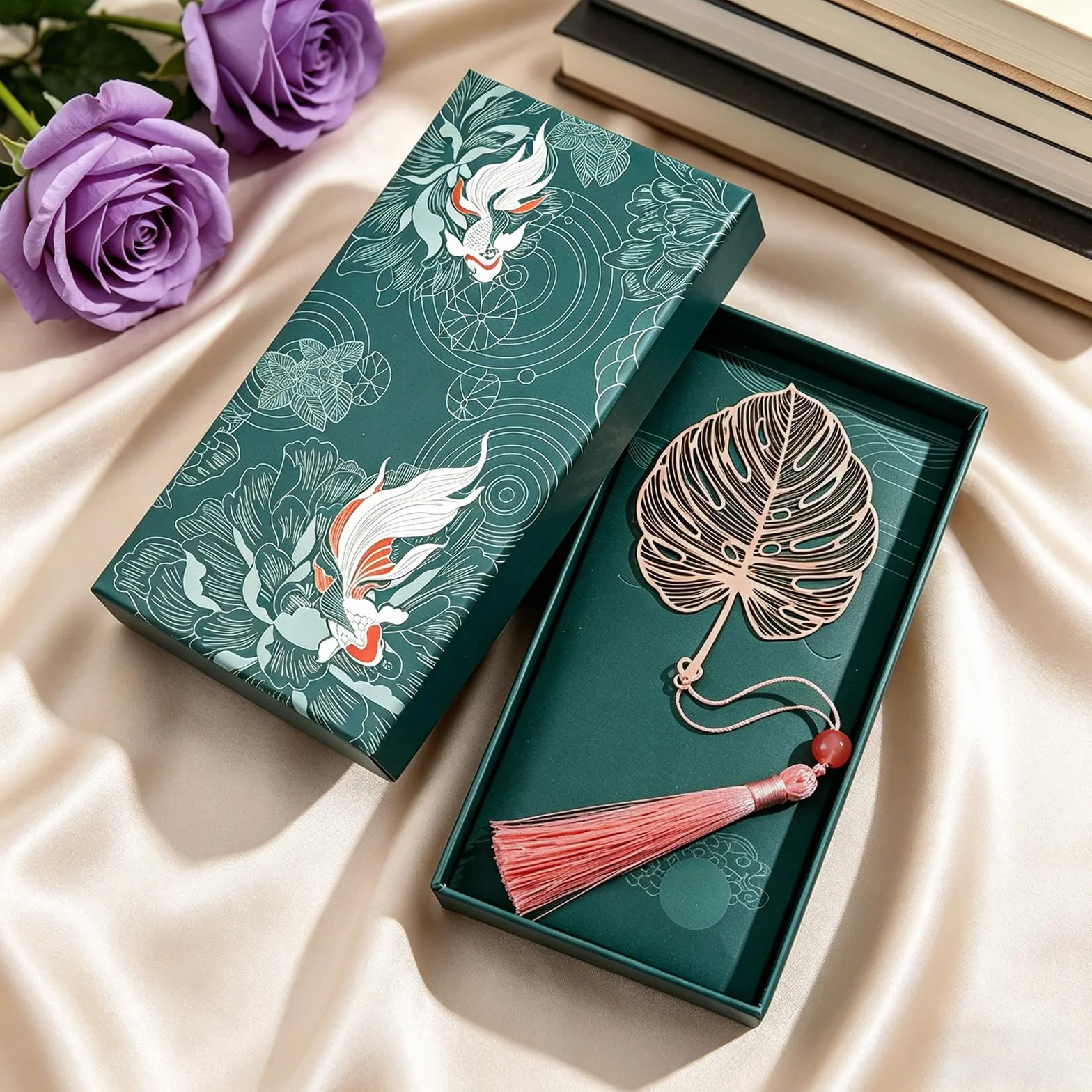 Marcapáginas de Metal Monstera en Caja de Regalo, Elegante con Borla para Mujeres Mamá Abuela (Oro Rosa)
