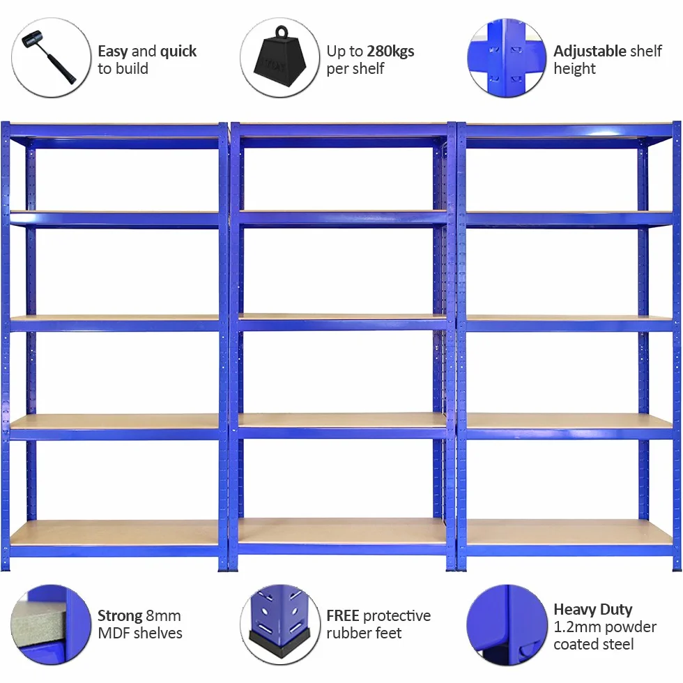 3 Estanterías Azules Metalicas T-Rax Sin Tornillos 90x45x180cm con 5 Estantes Baldas Repisas Capacidad Peso 280kg por Estante Almacenamiento Almacenaje Herramientas Taller Garaje + Mazo de Goma GRATIS