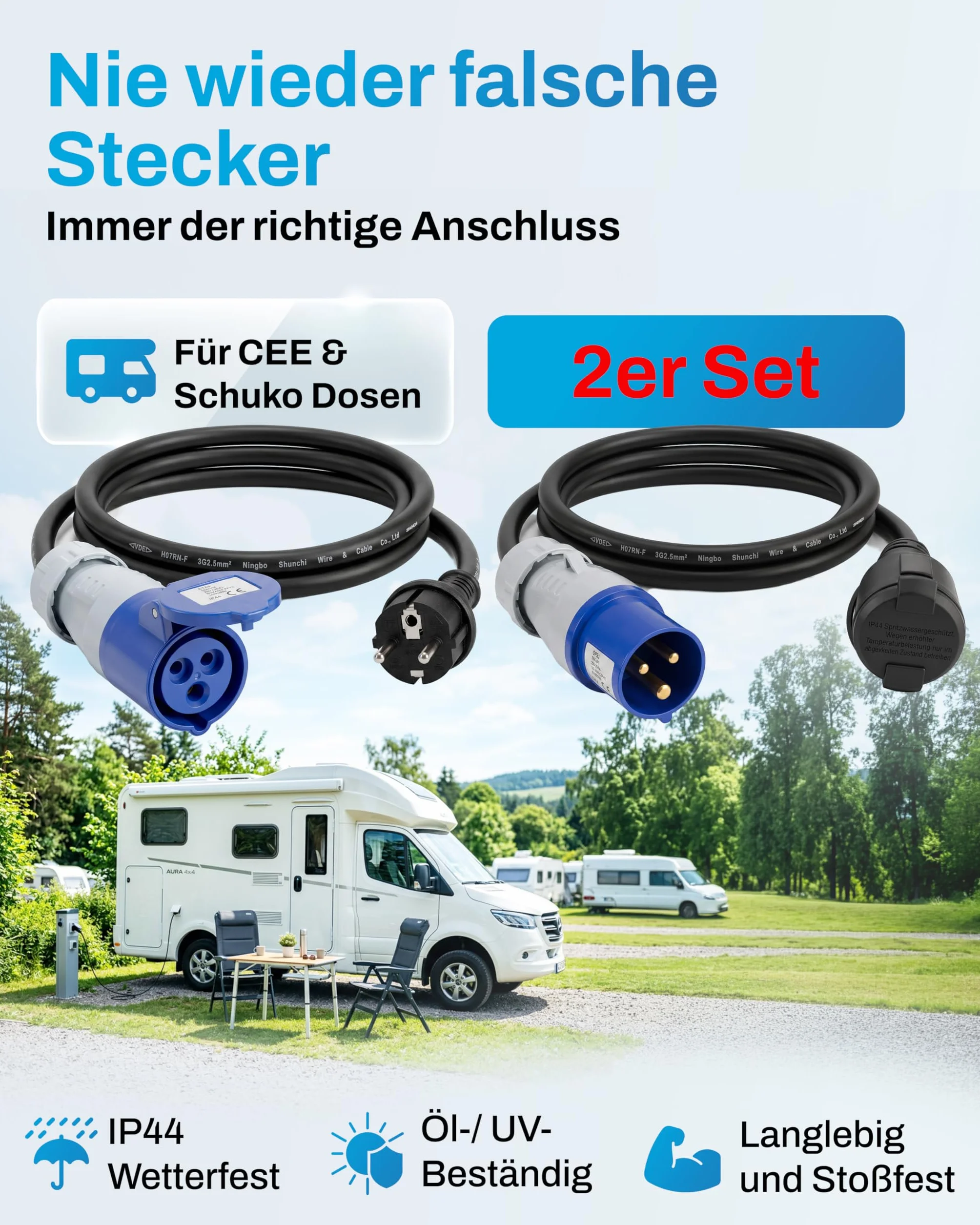 2x Adaptadores CEE – Enchufe CEE a toma Schuko y enchufe Schuko a toma CEE 230V 16A – Ideal para camping, autocaravanas y caravanas
