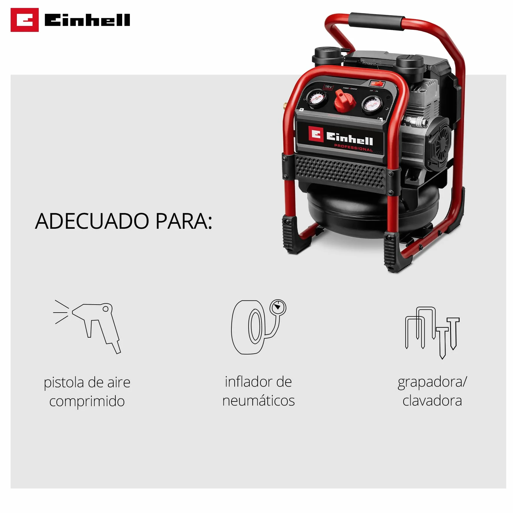 Einhell Professional Compresor con batería SILENZZO 18/160 Power X-Change (18 V, máx. 8 bar, depósito de 6 l, potencia de aspiración 160 l/min, manómetro, sin aceite, silencioso, sin batería)