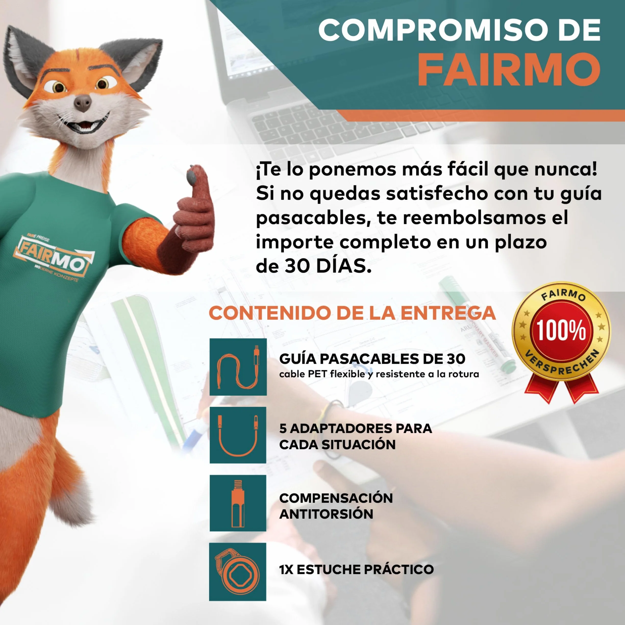 La sofisticada guia pasacables 30 M para tubos huecos de FAIRMO - Guia pasacables profesional PET de 4 mm incl. 5 cabezales - Guía pasacables resistente - Para trabajar eficazmente