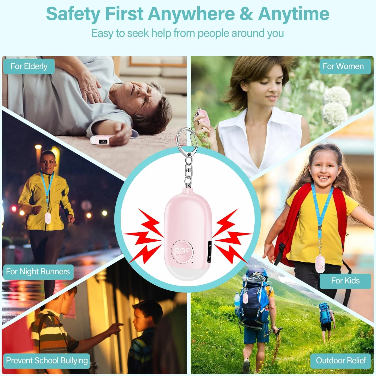 Alarma Personal Autodefensa de Bolsillo Hion - Llavero de Defensa Personal Recargable 130 dB con Iluminación LED para Mujeres, Niños y Personas Mayores - Potente y Confiable(Rosa, 1)