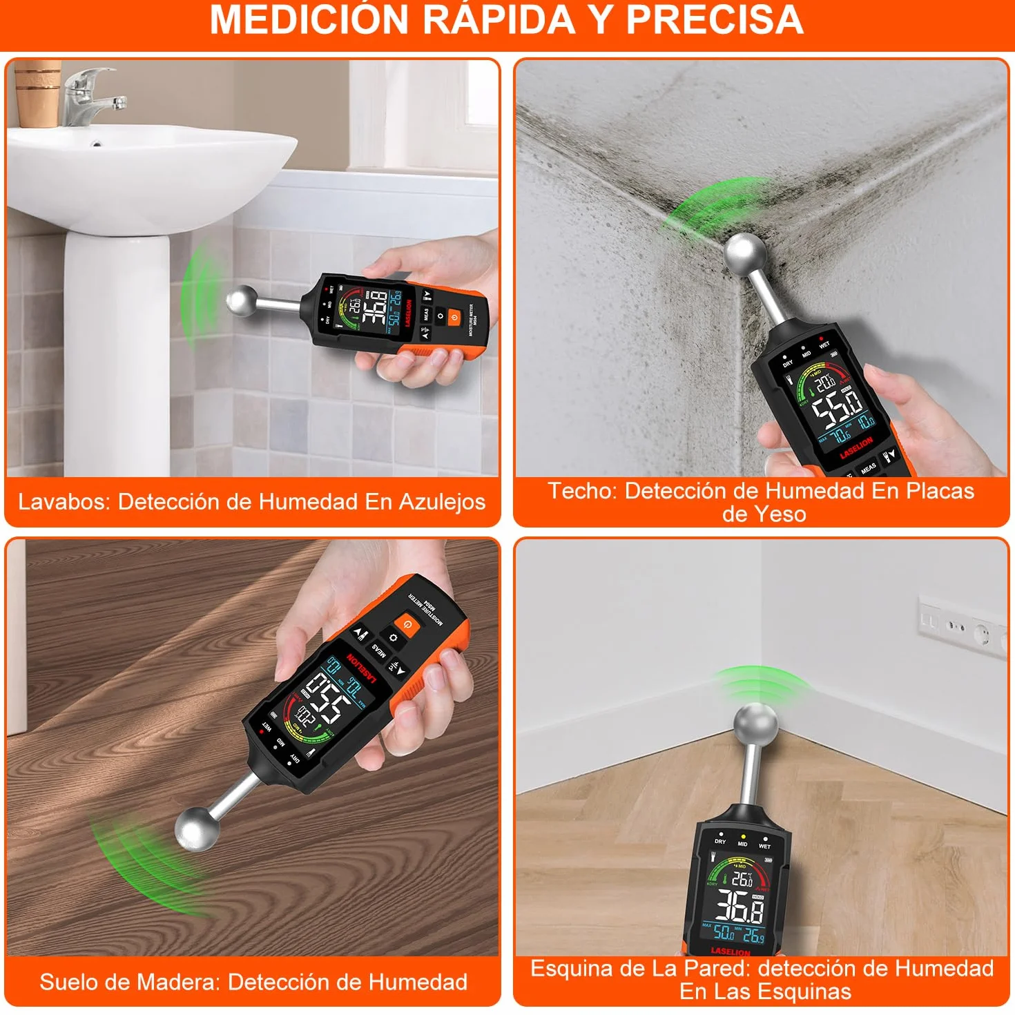 LASELION Medidor de Humedad No Destructivo - Sensor Esférico 5-40mm, Temperatura en Tiempo Real (°C/°F), Detecta Humedad Oculta en Madera/Paredes/Obra, Alarmas Personalizables - MS04