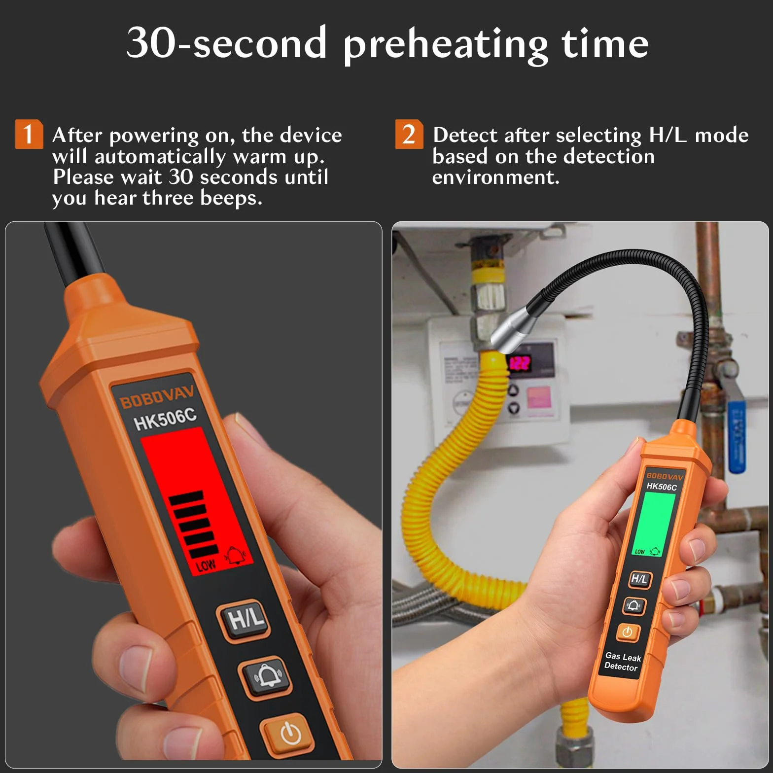 Detector de Gas Universal con Sonda 360° de 20cm, Doble Sensibilidad (300-10000ppm), Alarma Visual LED y Sonora (65dB), Modo Silencio, Tiempo de Precalentamiento 30s