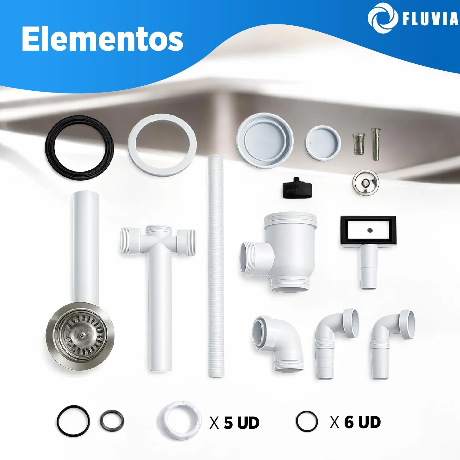 Sifón Fregadero Ø115 mm con Válvula Cesta Metálica para Cocina Desagüe Compacto 172 x 40 mm FLUVIA