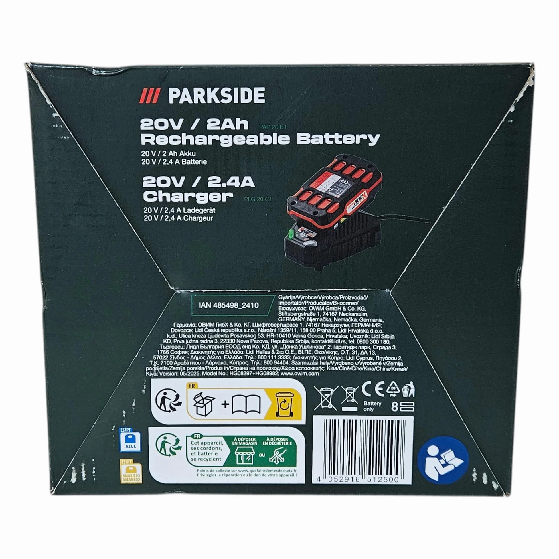 Park Side - Batería Parkside X20V Team 2 Ah y Cargador con Active Cell Balancing
