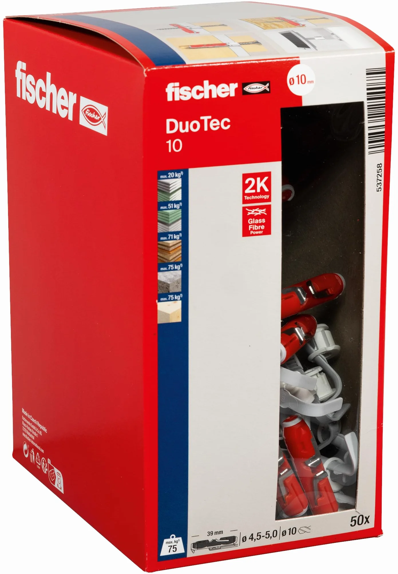 fischer - Tacos Compatibles con Placas de Yeso PLADUR® DuoTec, para Soporte TV 10 mm, Caja 50 uds