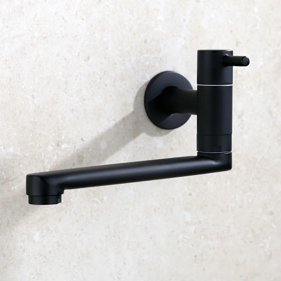 HomeLava Grifo de cocina para montaje en pared, solo agua fría, grifo de pared con caño giratorio 360, largo 18 cm, acero inoxidable negro