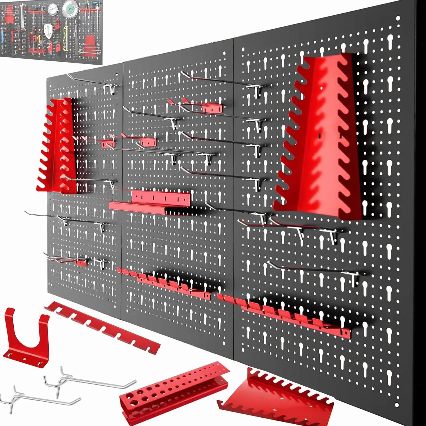 Panel para Herramientas de Metal 1200 x 600 mm con accesorios para colgar herramientas, 28 piezas Organizador de herramientas y soporte de pared multiusos Panel perforado