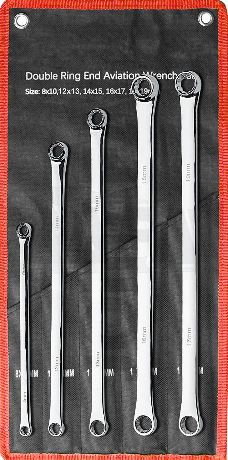 Juego de llaves extra largas fijas y carraca 12 caras, de 8 a 19mm cromo vanadio, 5 PIEZAS (llaves de aviacion)