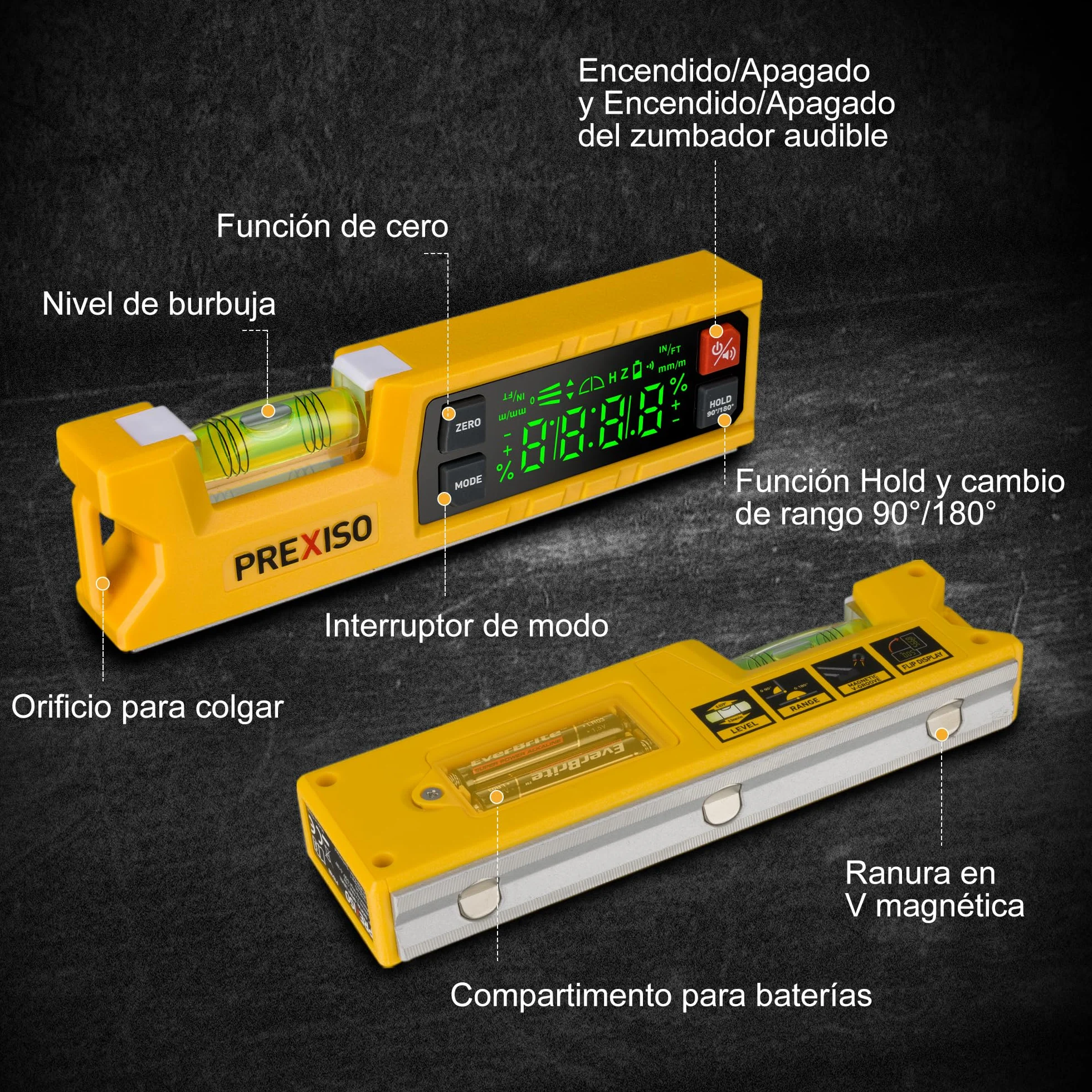 PREXISO Nivel Digital Magnético de 7 pulgadas – Herramienta electrónica inteligente de nivel, rango 0-90°, buscador de ángulos con sierra