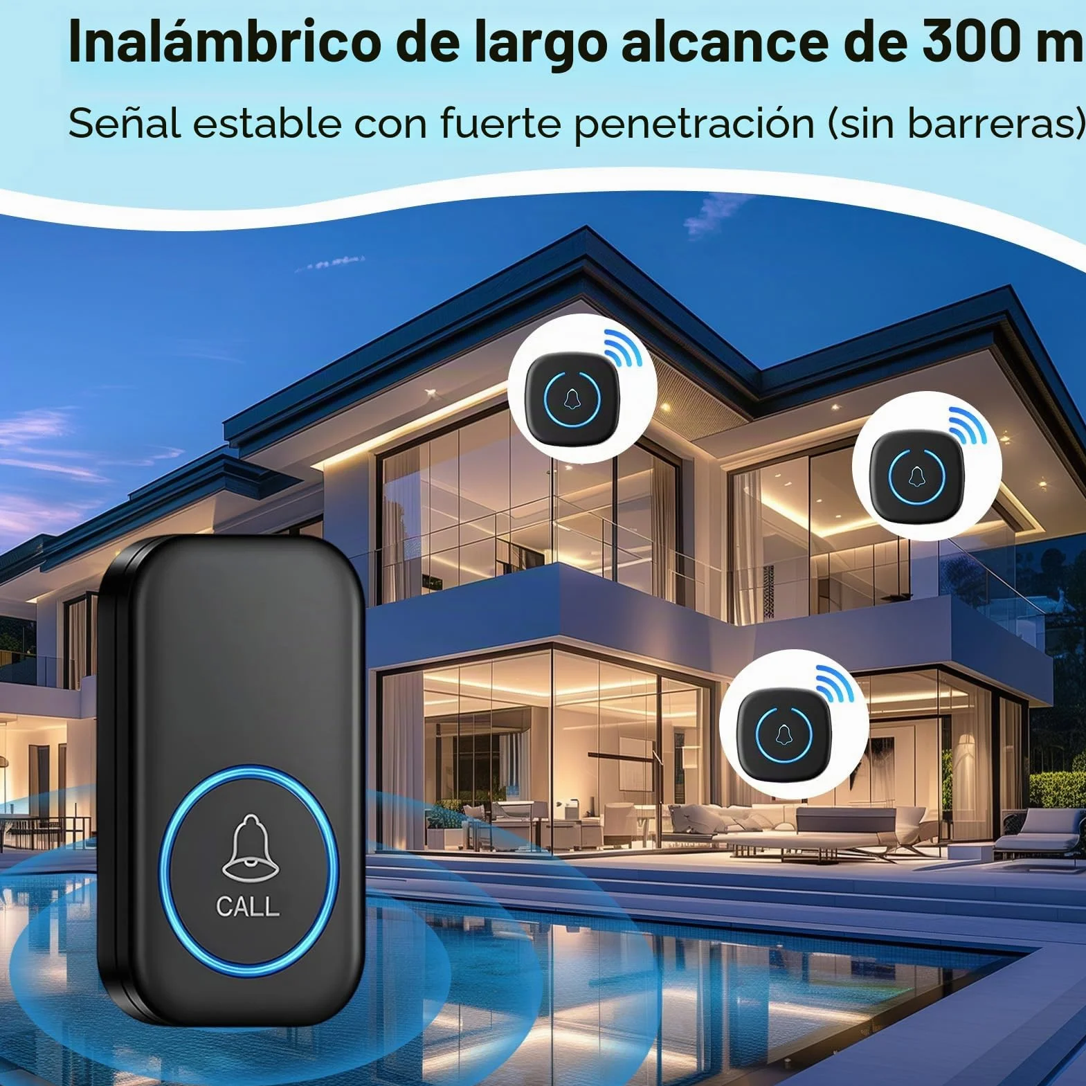 Timbre Inalámbrico Exterior Impermeable 60 Melodías 5 Niveles Volumen Kit Doorbell 1 Receptor 1 Botón LED 300m Alcance Negro