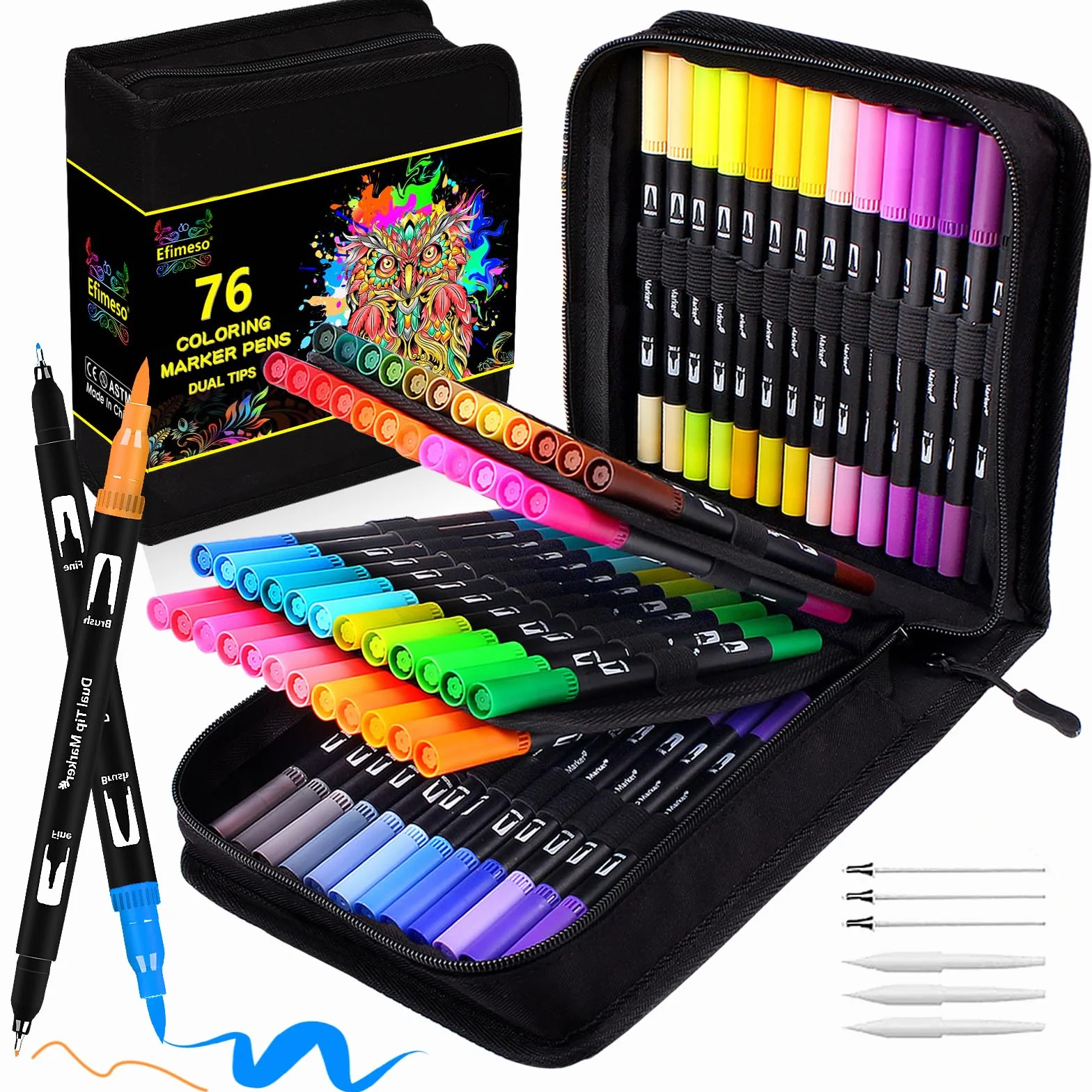 Efimeso 76 Rotuladores Lettering Punta Fieltro Pincel Estuche, Brush Pen Kit Colorear Adultos