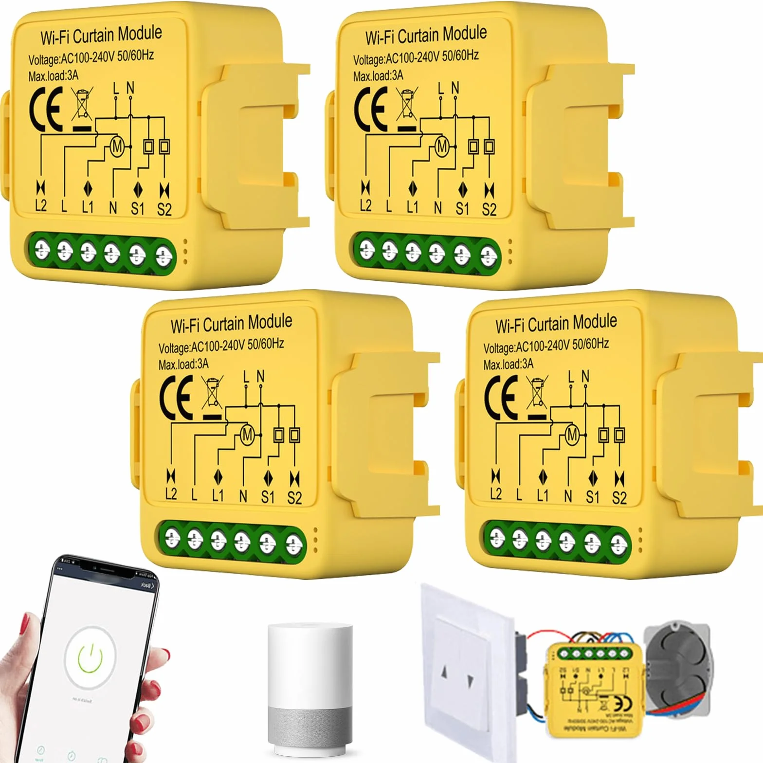 Juego de 4 módulos de interruptores inteligentes WiFi para persianas enrollables con ajuste de tiempo de funcionamiento para cortinas, persianas y toldos, compatible con Google Home/Smart Life/Tuya