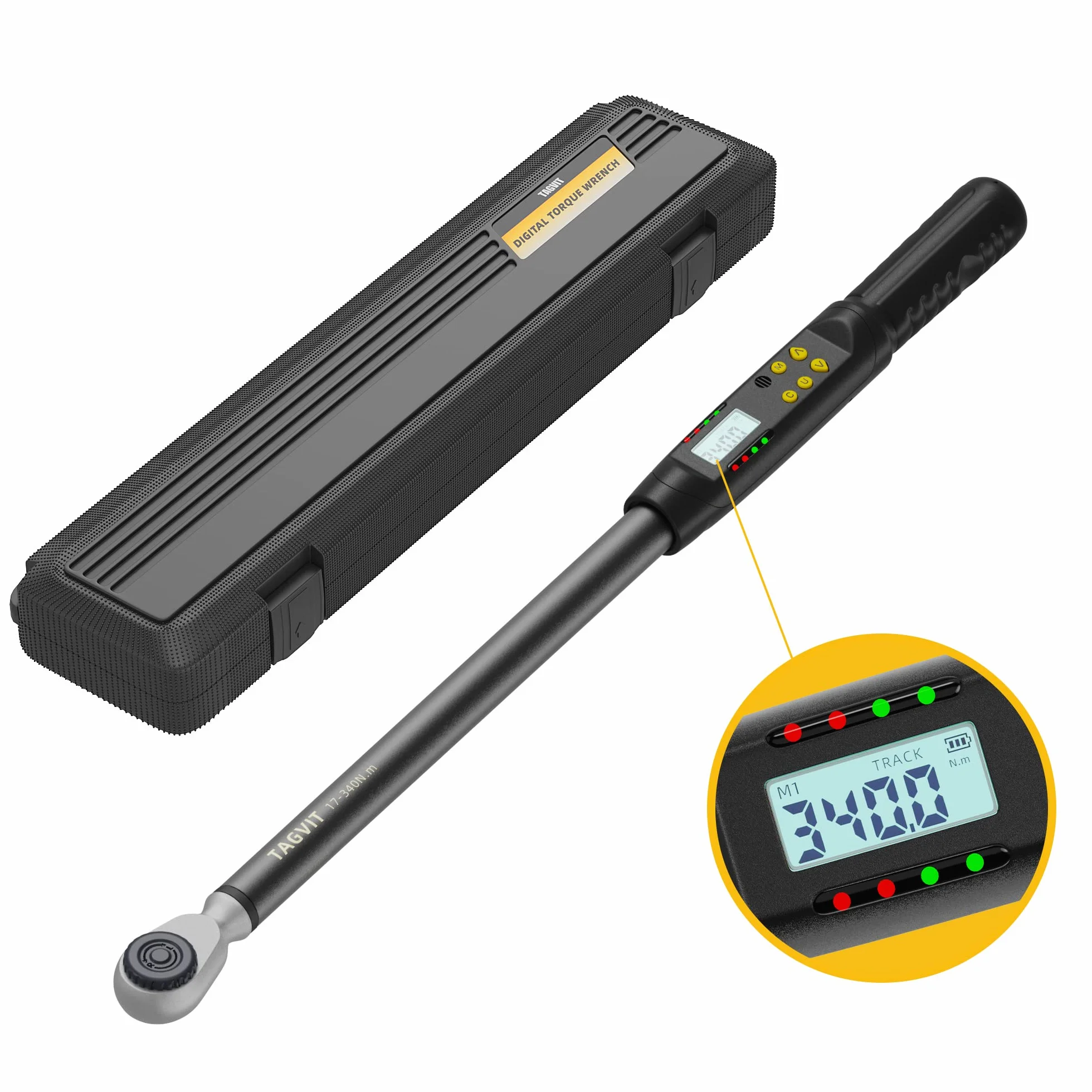 Llave Dinamométrica Digital 1/2", ±2% Alta Precisión, 17-340 Nm Llave Dinamométrica con Zumbador y Pantalla LED para Moto, Coche y Camión