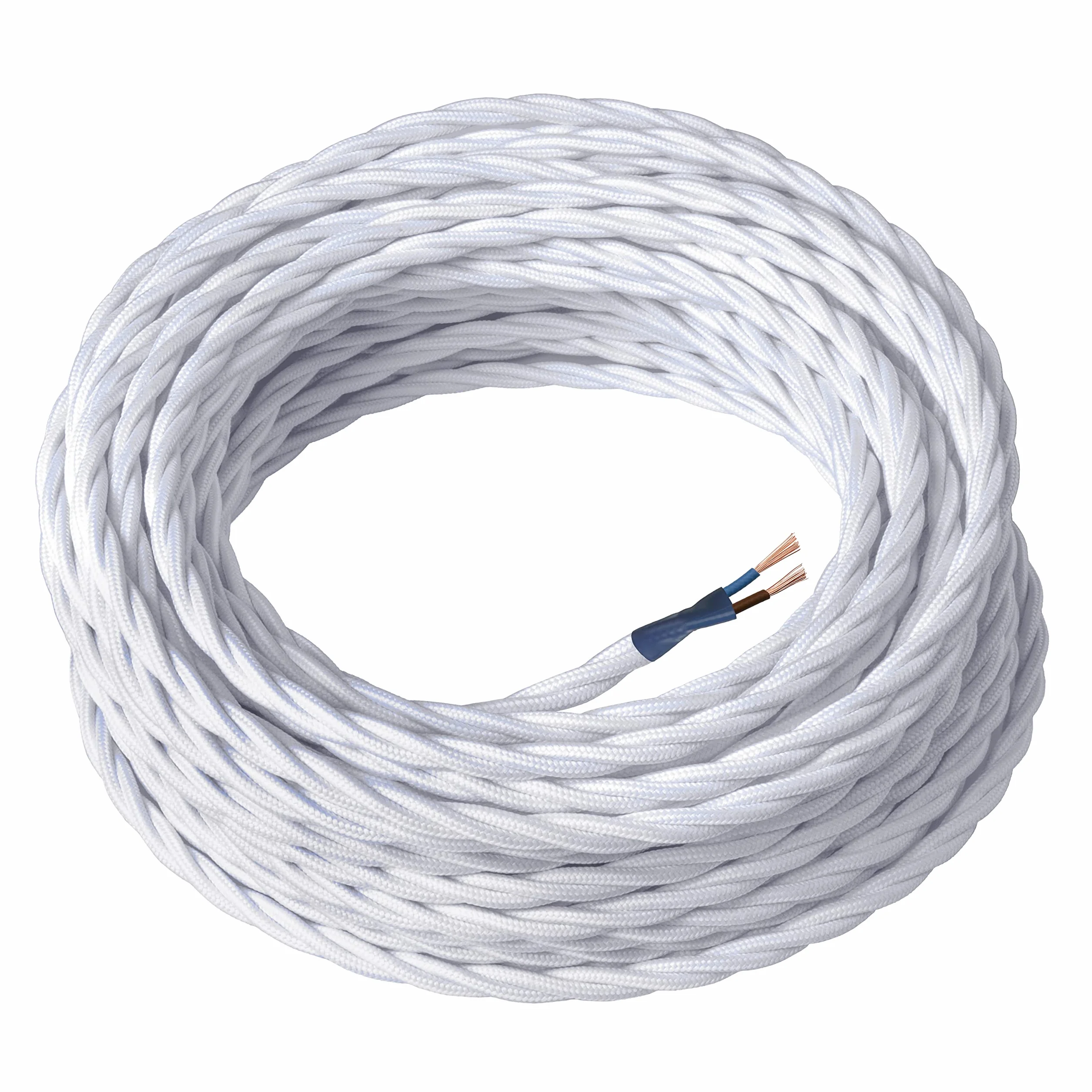 Amarcords - Cable de tela color BLANCO, trenzado, seda, 10 metros, con 2 conductores 2x0,75 - Hilo eléctrico textil de color estilo clásico para lámparas bricolaje y iluminación vintage.
