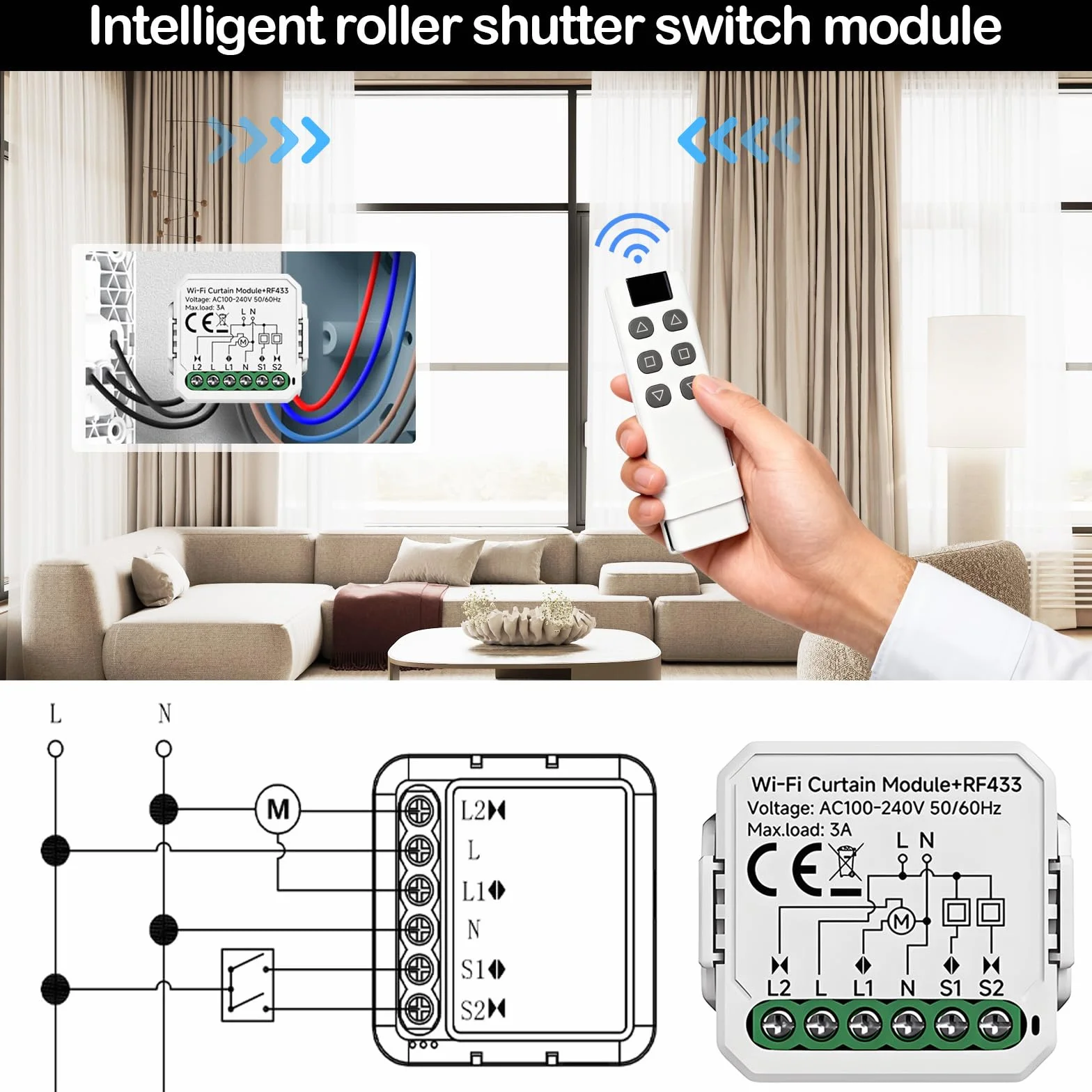 Interruptor de Persianas Por Radio, Interruptor Inalambrico de Cortina Enrollables Inteligente de 240V 2 Módulos de Control de Cortinas con 1 Interruptor de Control Remoto Inalámbrico para Persianas