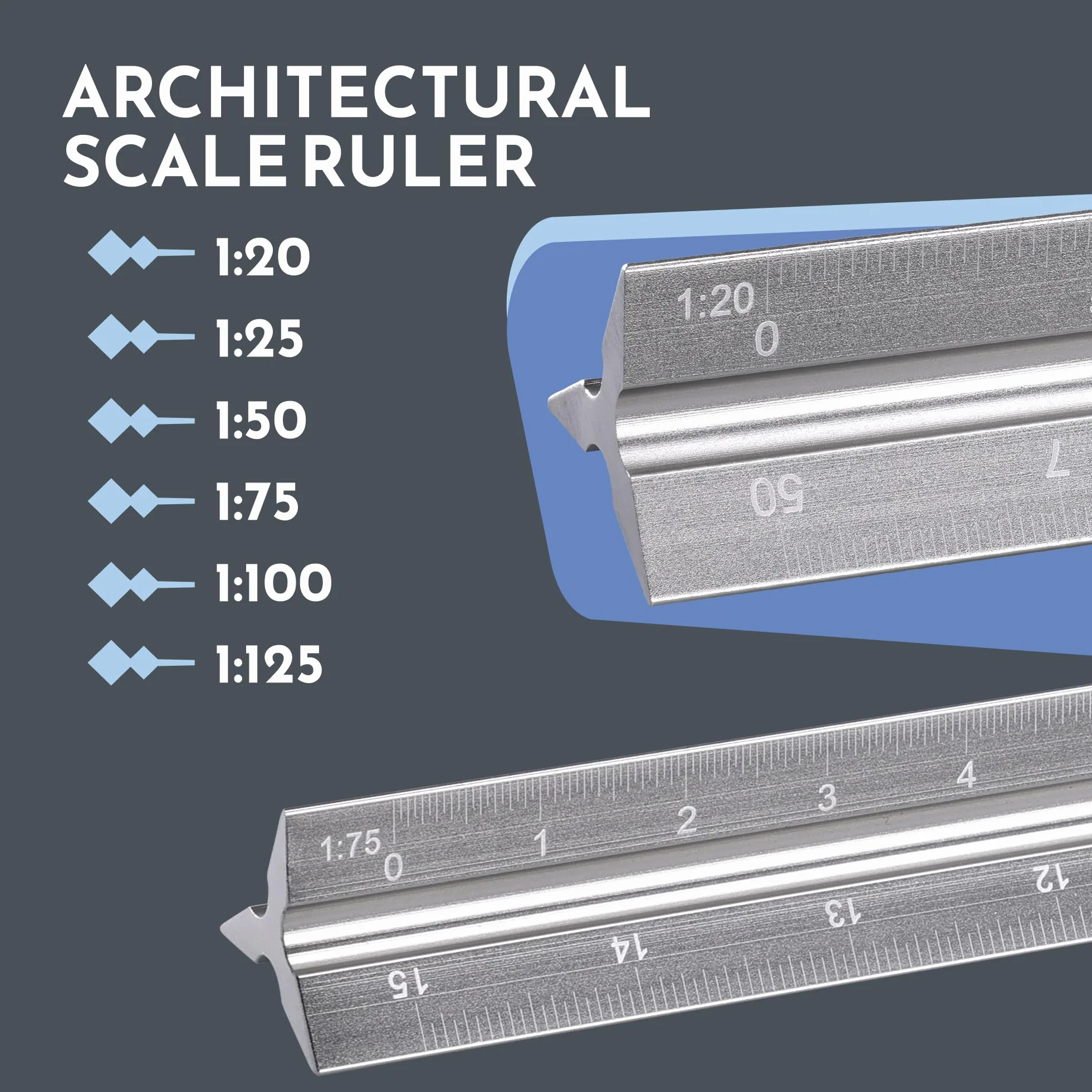 WINTEX Escalimetro Profesional 30 cm Triangular de Aluminio 1:20 1:50 1:75 1:100 1:125 con Bolsa