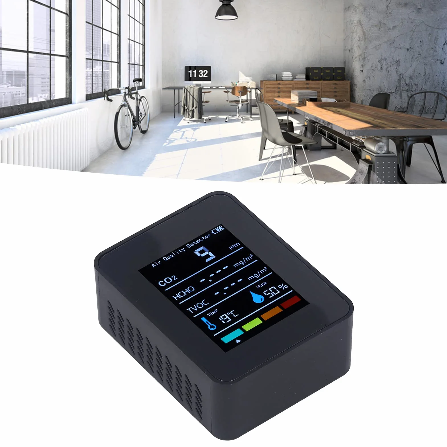 Monitor de Calidad del Aire CO2 Negro LCD TVOC HCHO Temperatura Humedad Medidor