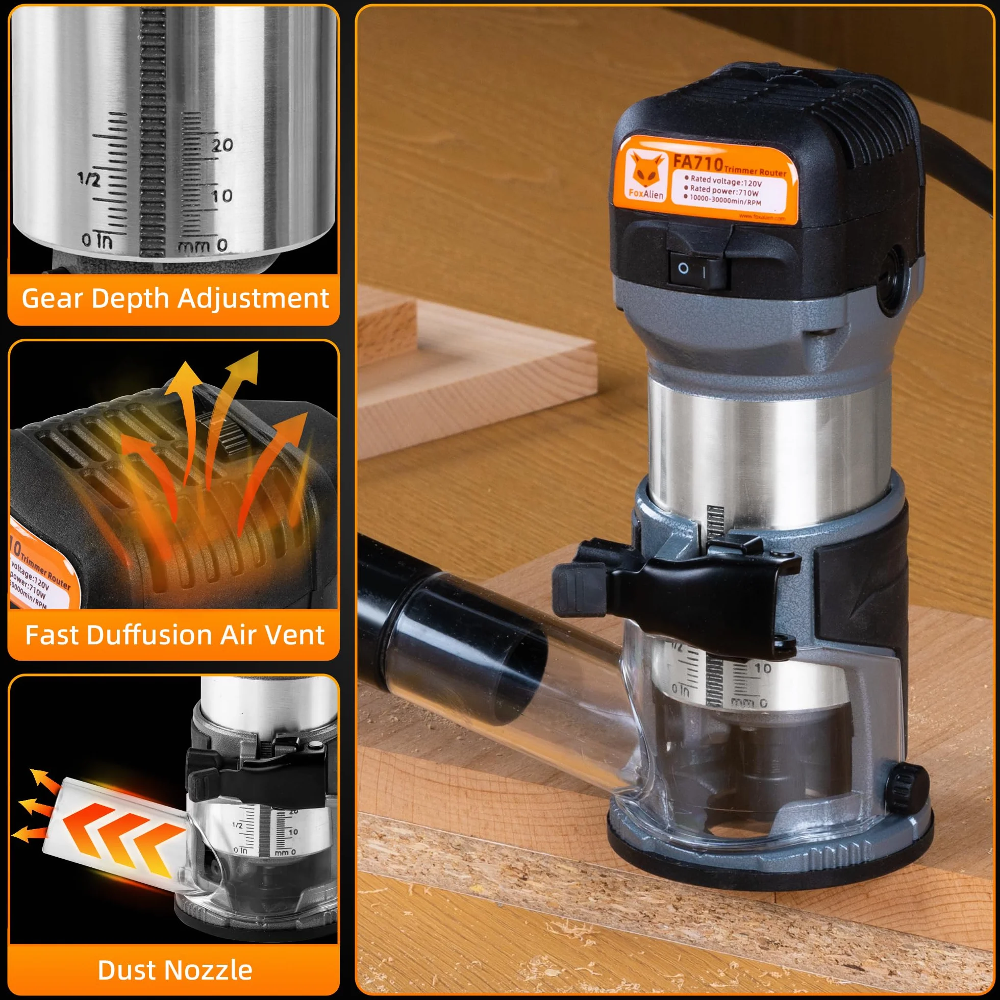 FoxAlien 1 HP 710 W 65 mm de diámetro compacto router de palma para fresadora CNC, 6 velocidades variables Max 30000 R/MIN recortadora de madera con colección de 1/4 pulgadas