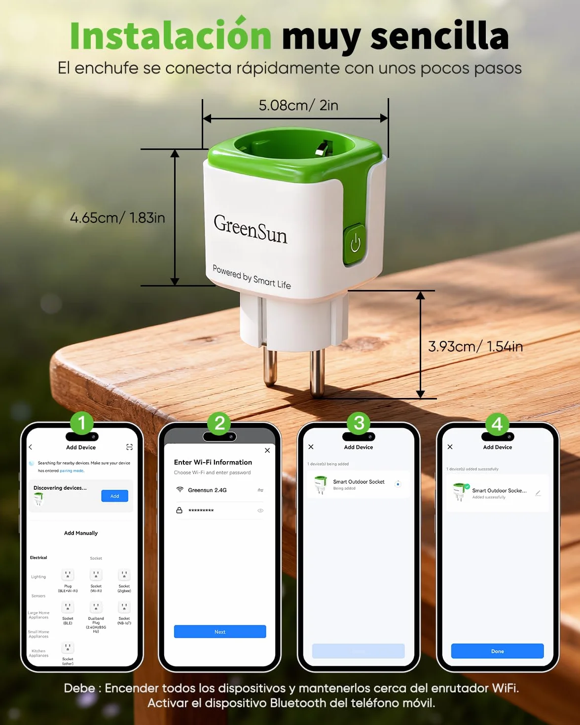 GreenSun Enchufe WiFi con Medidor, Smart Life y Alexa, 4 Uds | Control por app o voz, mide el consumo y permite crear horarios y temporizadores. Compatible con Alexa y Smart Life