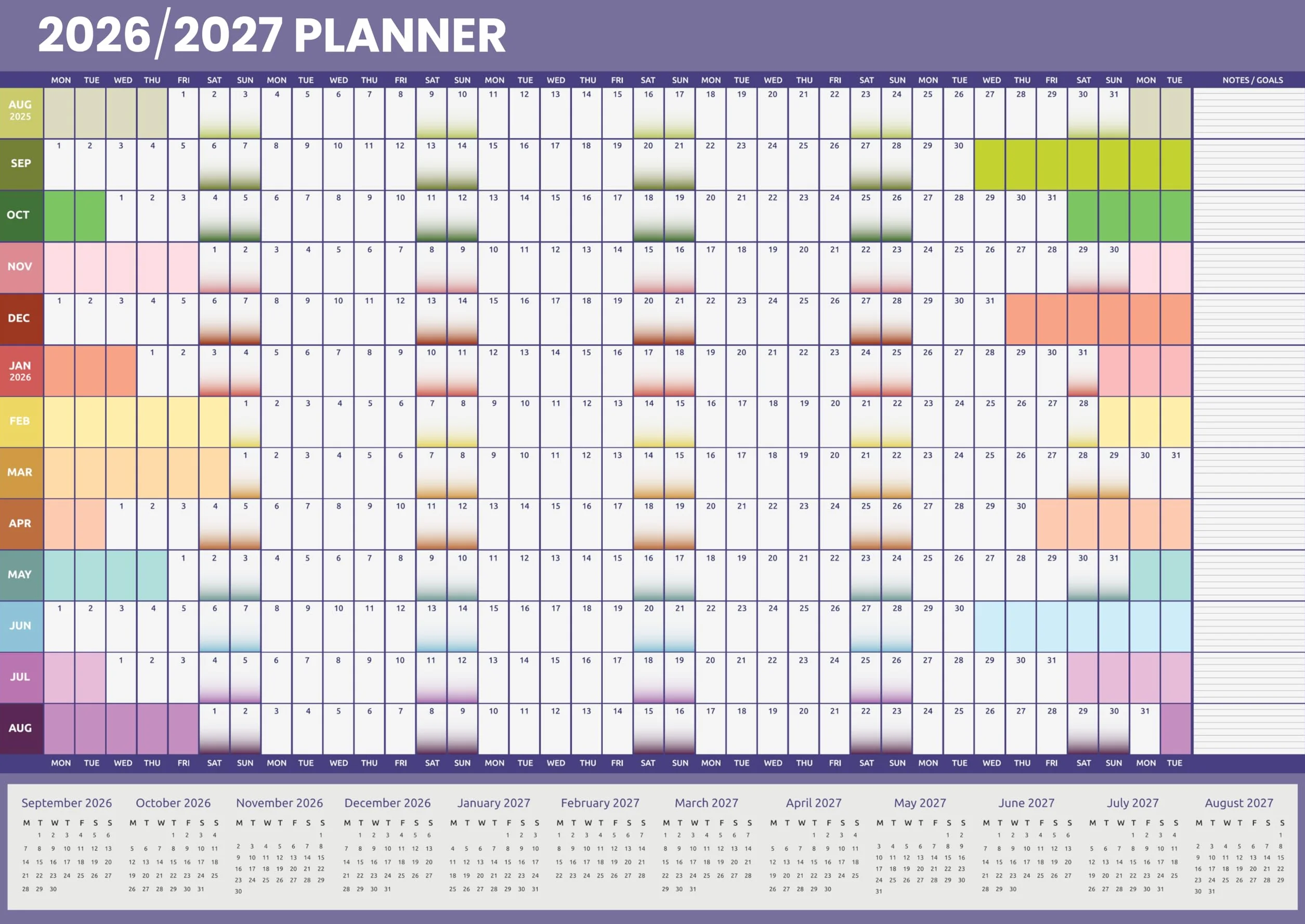 Planificador Académico de Pared 2026-2027 Tamaño A1 Calendario Británico Mitad de Año 84x59 cm Organizador Anual para Profesores Estudiantes