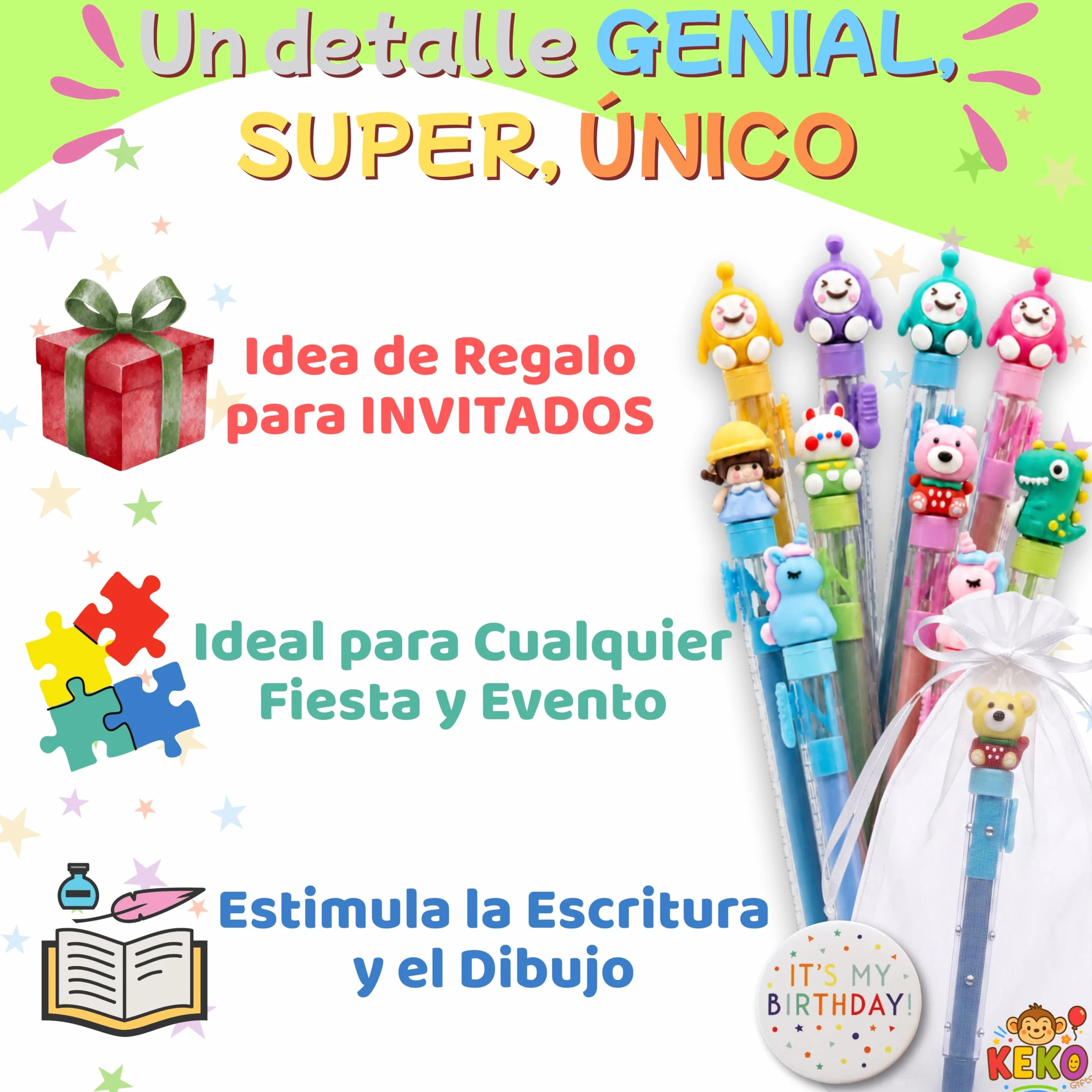 KeKo Pack 30 Gomas de Borrar Divertidas, Bolsas, Chapa Cumpleañera, Regalos Cumpleaños Niños Colegio